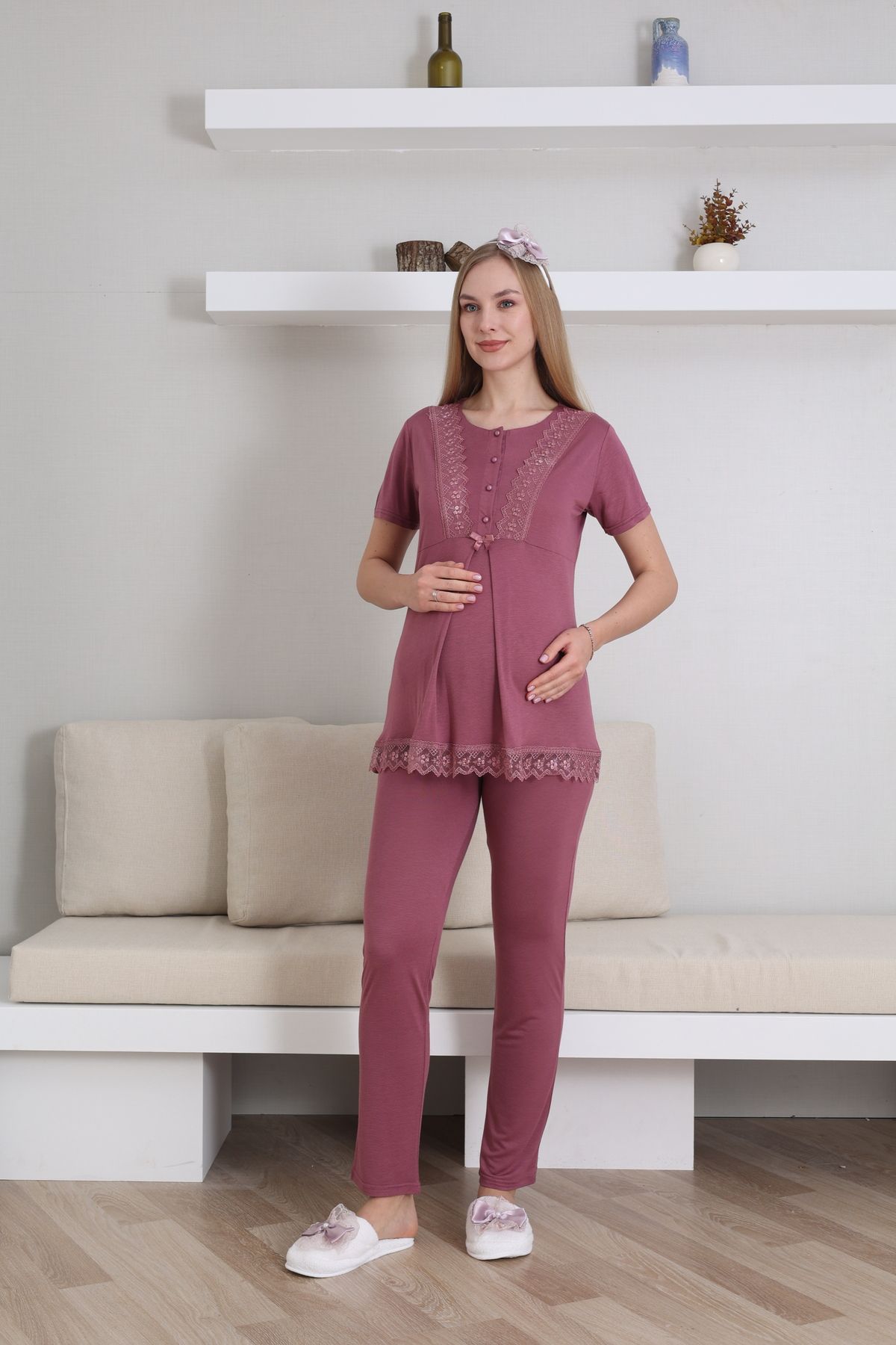 EM&FA TEKSTİL-Maternity Maternity Dressing Gown Nightgown Pajamas Set 3