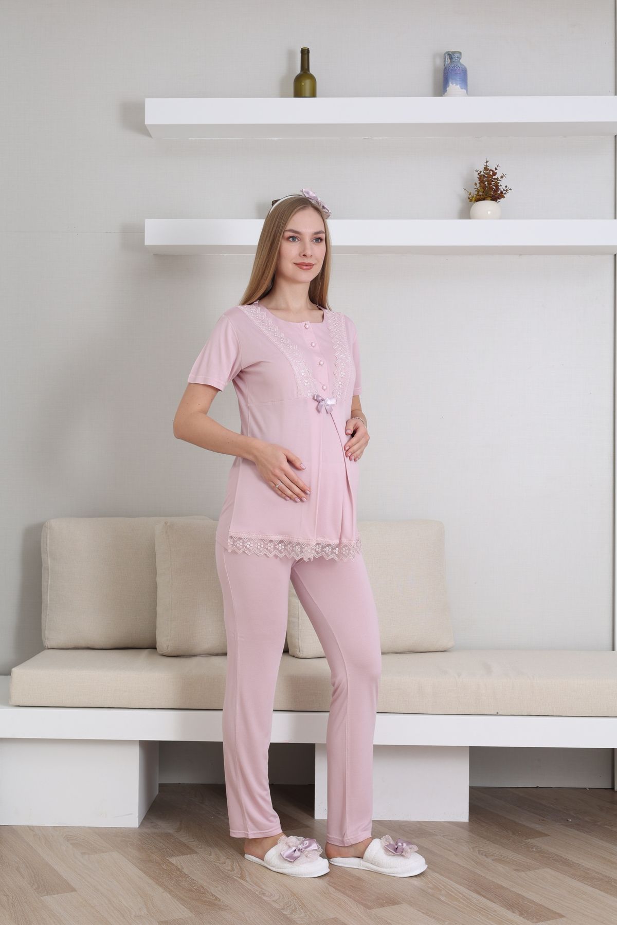 EM&FA TEKSTİL-Maternity Maternity Dressing Gown Nightgown Pajamas Set 4