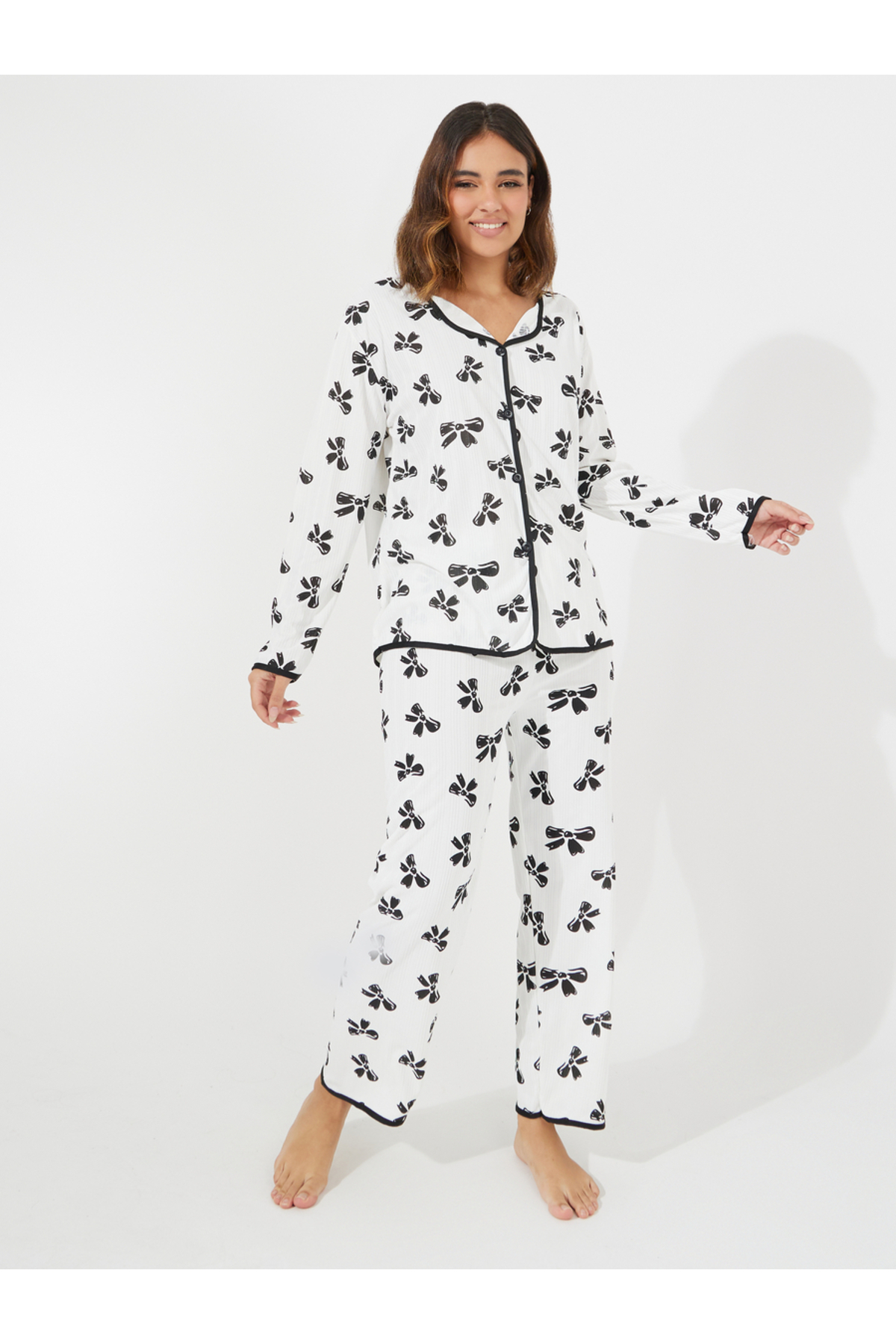 Take Two By Styli Bowknot Print Long Sleeve Shirt & Pyjama Set
