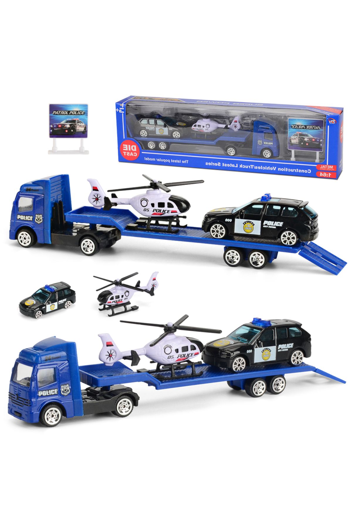 Choice-Blue Mini Trailer Truck Toy, Alloy Plastic Construction Vehicle Truck Helicopter Models Gifts for Bo 1