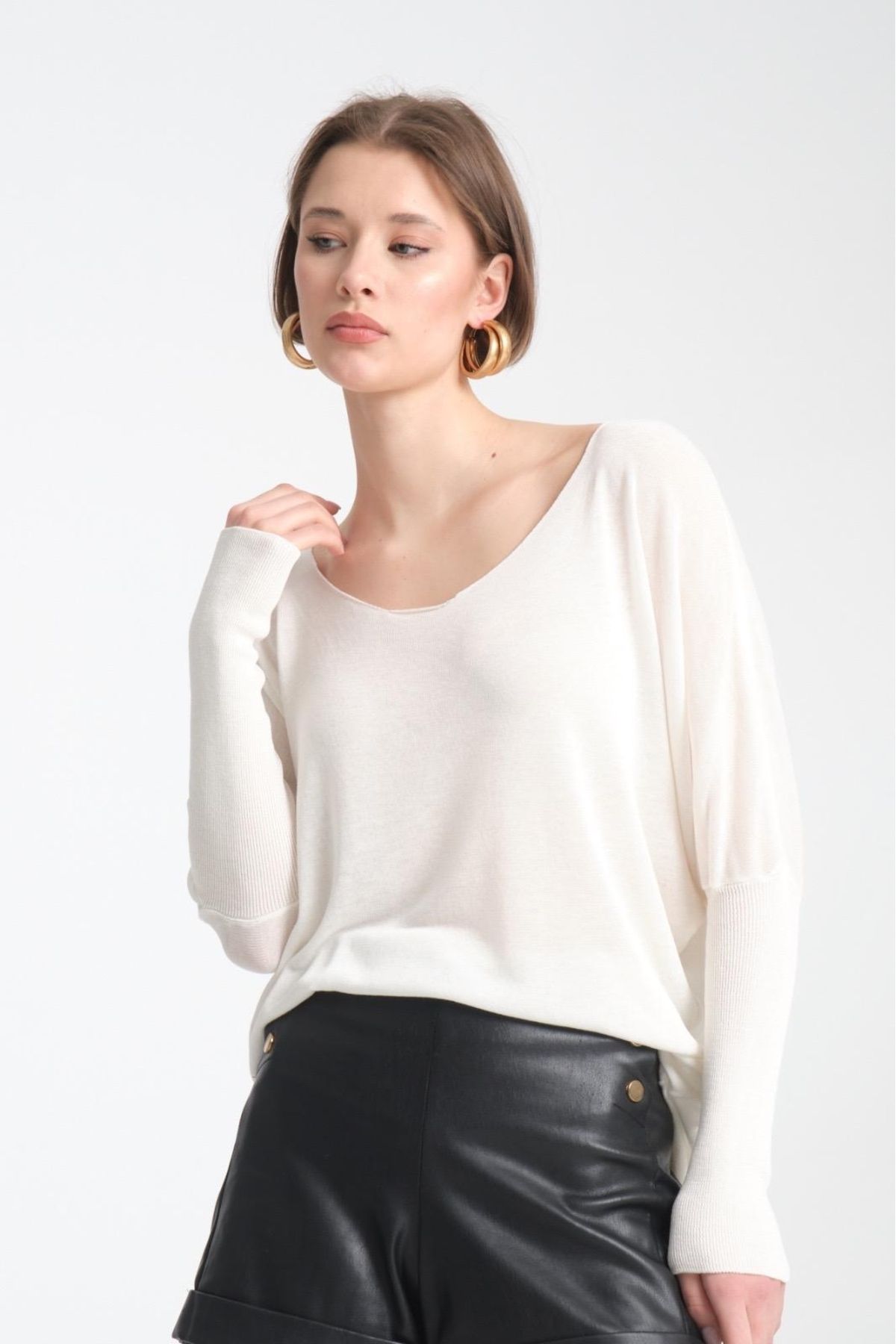 Su Moda-Îmbrăcăminte pentru femei Bluză Pulover subțire Guler în U Umăr în afara Brațului lung Mucegai confortabil Top subțire din viscoză Îmbrăcăminte 3
