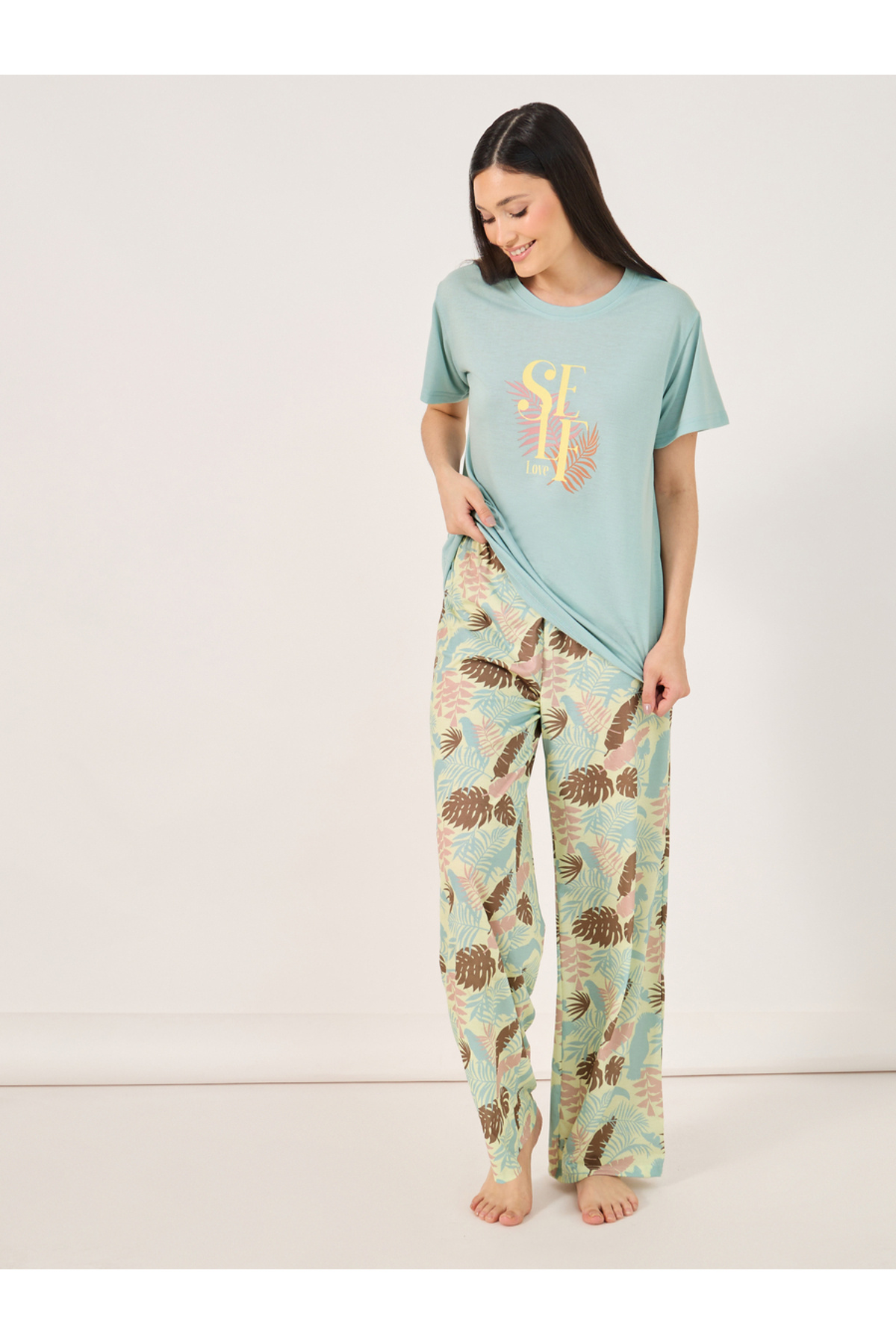 Styli Self Love Graphic T-Shirt and Leaf Print Pyjama Set