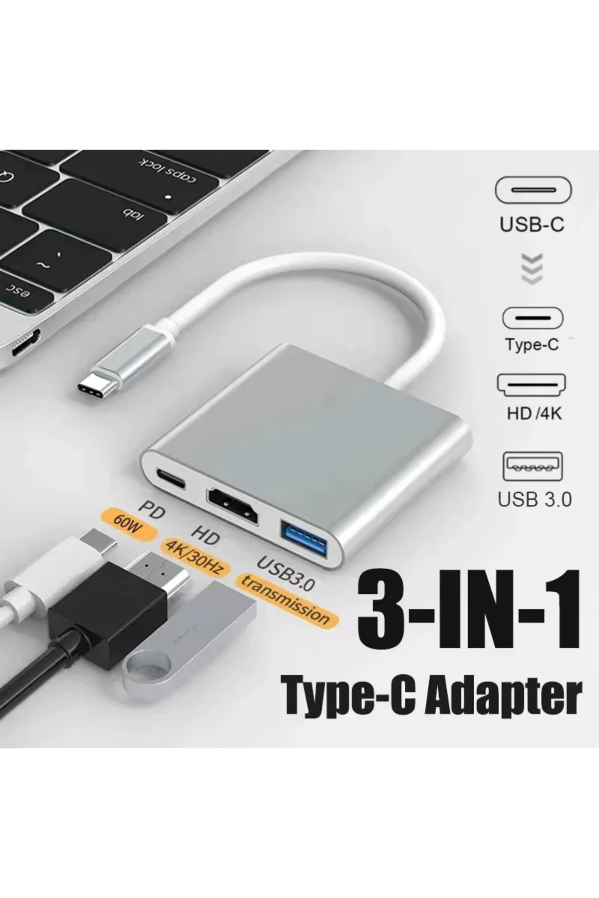 3 in1 Usb C Hdmi Usb 3.1 Hub Tipi C Şarj Dönüştürücü Samsung Ultra Huawei Xiaomi Laptop İçin Macbook
