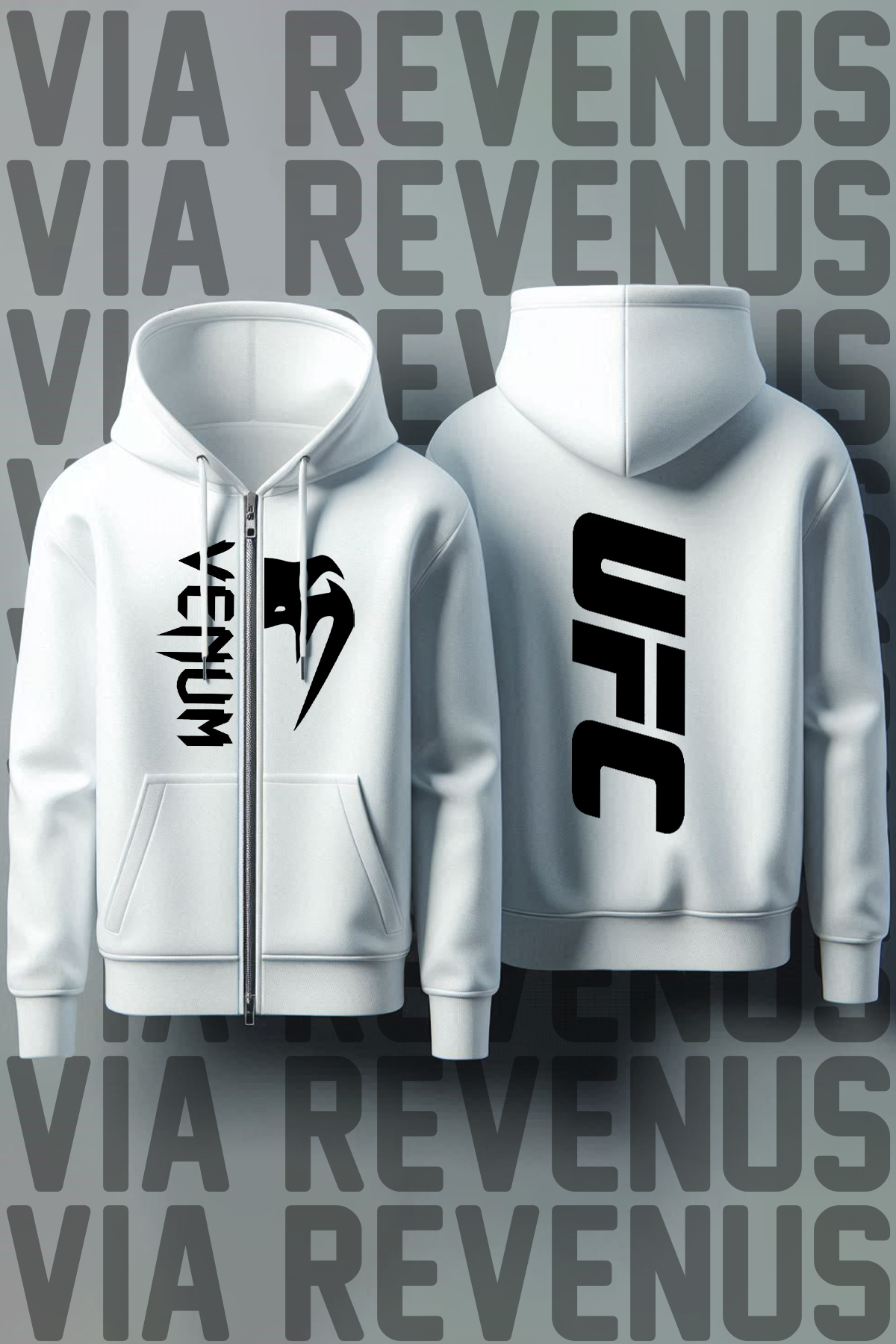 Ufc Ön Ve Arka Baskılı Unisex Fermuarlı Kapüşonlu Sweatshirt Hırka — سفید 2602UFCYarımDik