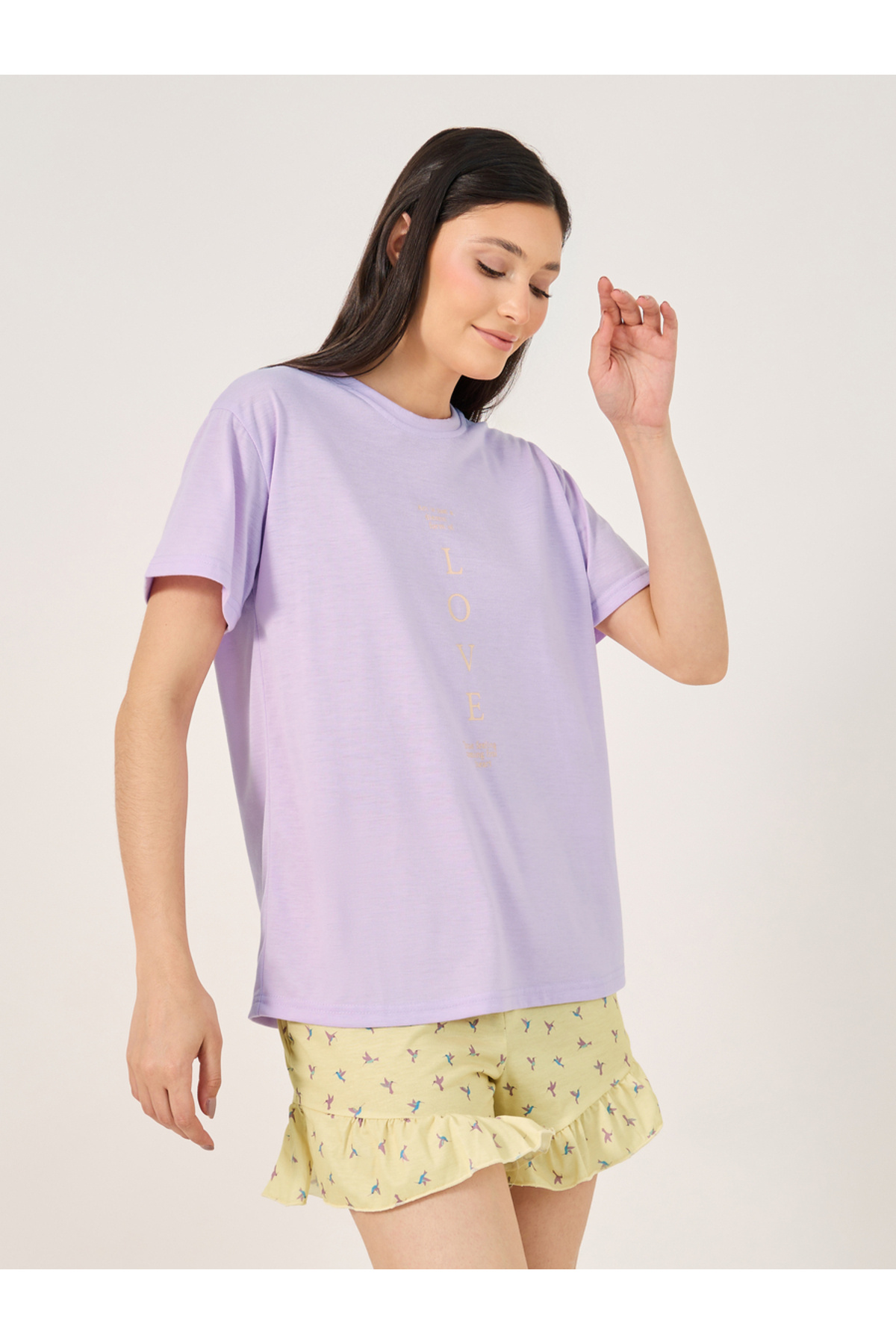 Styli Love Slogan T-Shirt and Printed Ruffled Hem Shorts Set