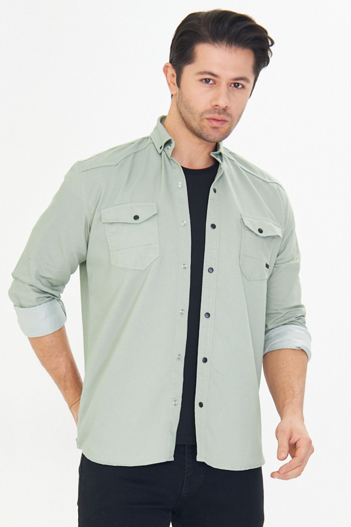 Oyga-Men's Water Green Slim Fit Slim Fit Double Pocket Cotton Denim Shirt 1