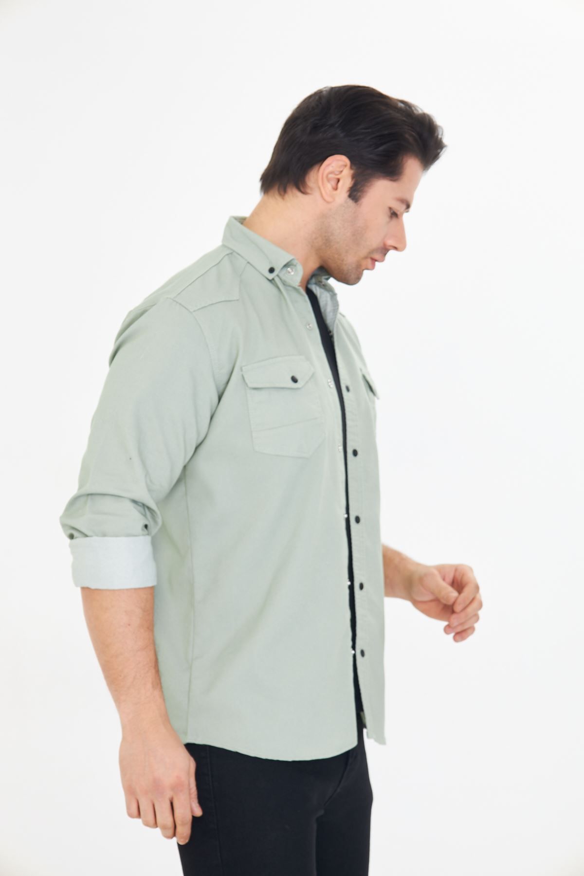 Oyga-Men's Water Green Slim Fit Slim Fit Double Pocket Cotton Denim Shirt 5