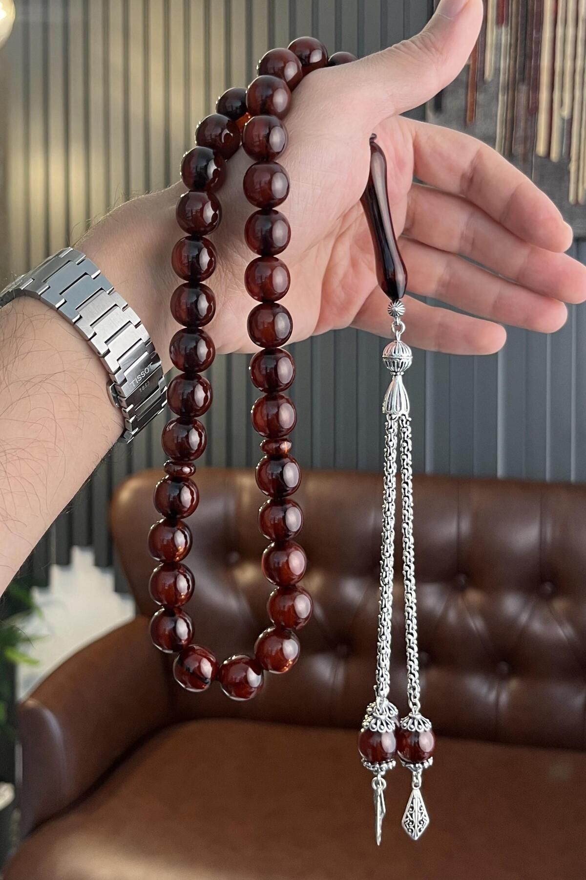 dergah tesbih-Şahin Tree Series Fire-i Squeeze Amber Silver Rosary 7