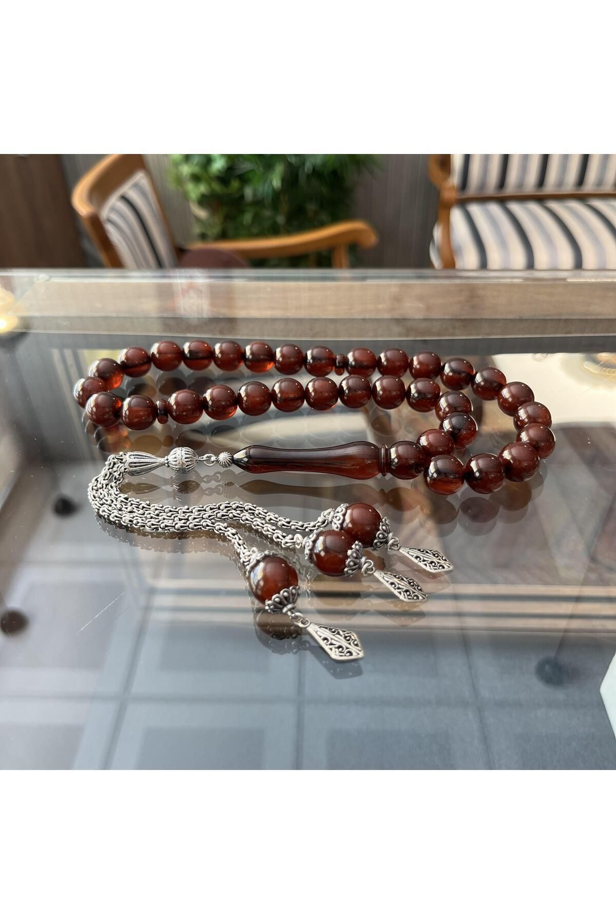 dergah tesbih-Şahin Tree Series Fire-i Squeeze Amber Silver Rosary 4