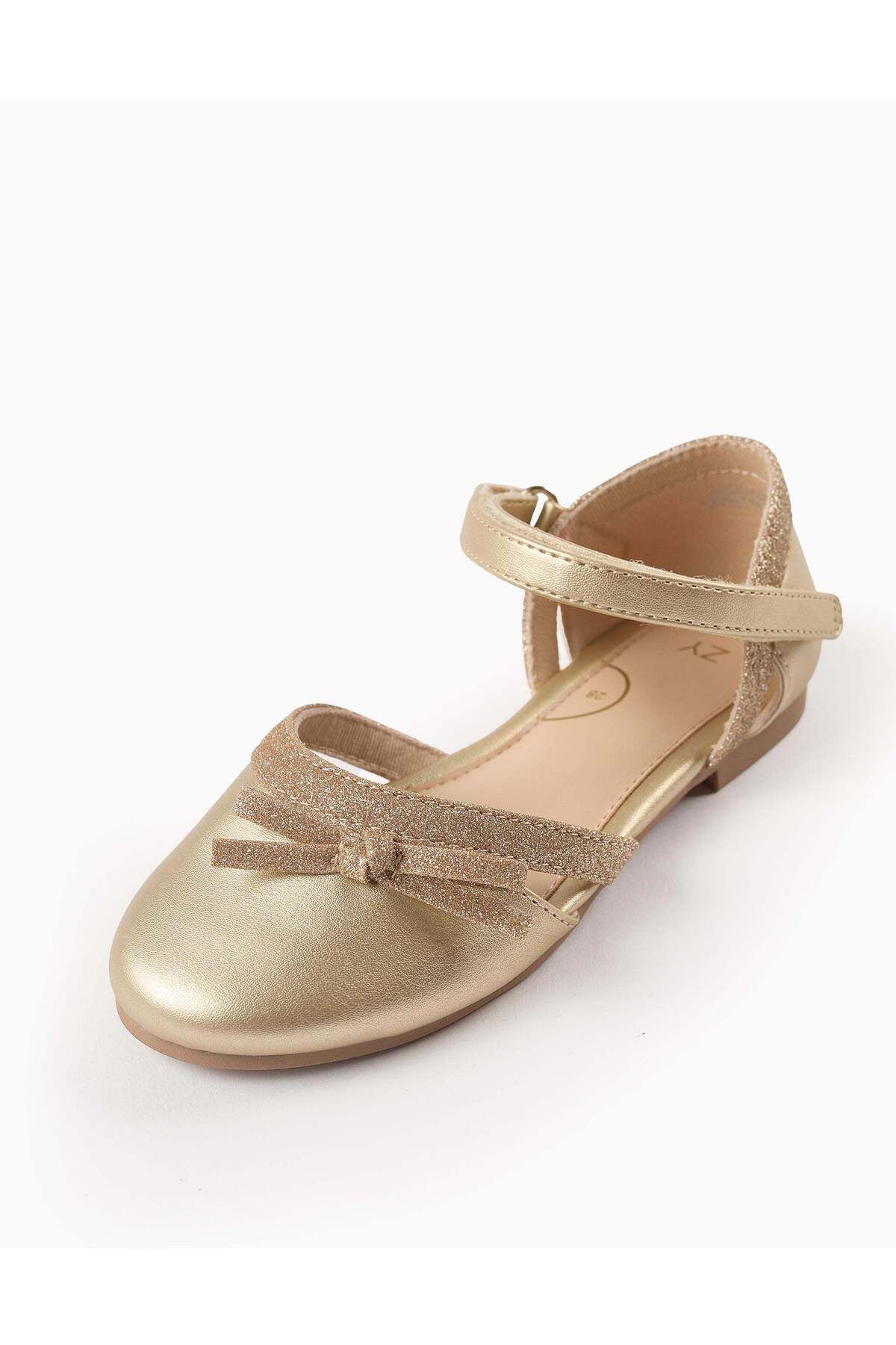 Ziddy-Glitter Ballerina Flats with Bow for Girls, Gold 4