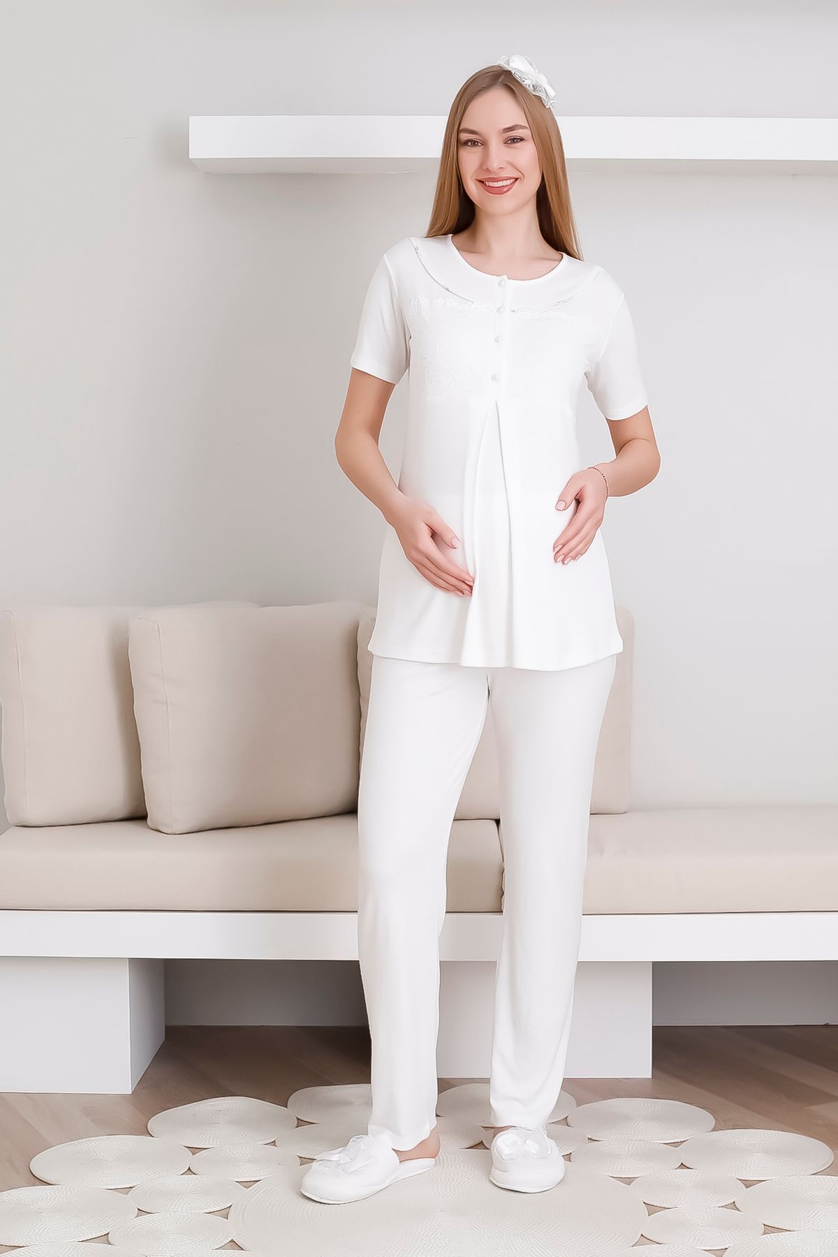ERDENİZ TEKSTİL-Short Sleeve Pajama and Dressing Gown Set with Forward Buttons, Top Tied 4