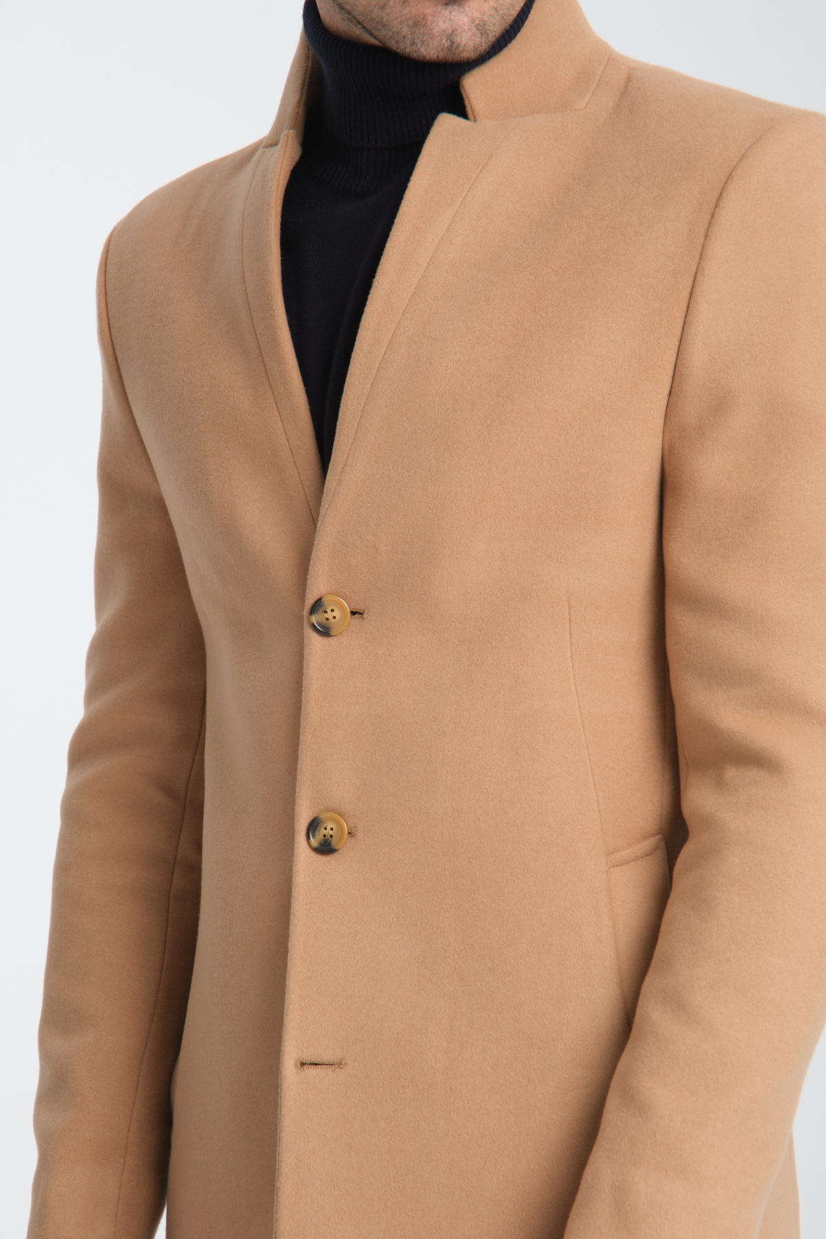 Frappoli  Bergamo Erkek Camel Regular Fit Dik Yaka Kaşe Kaban - Görsel 7