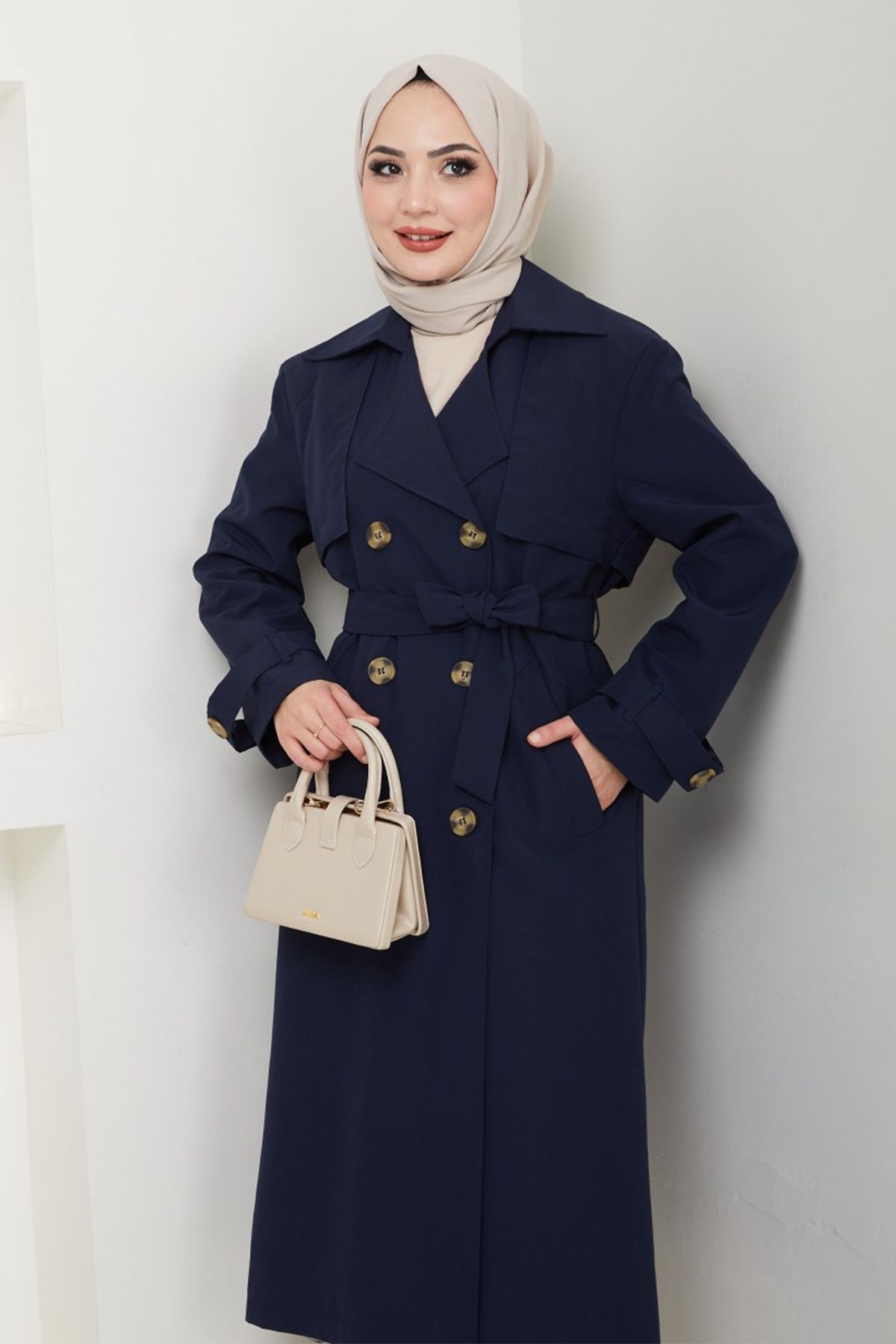 InStyle-Lined Navy Blue Trench Coat with Stone Buckle Detail 2