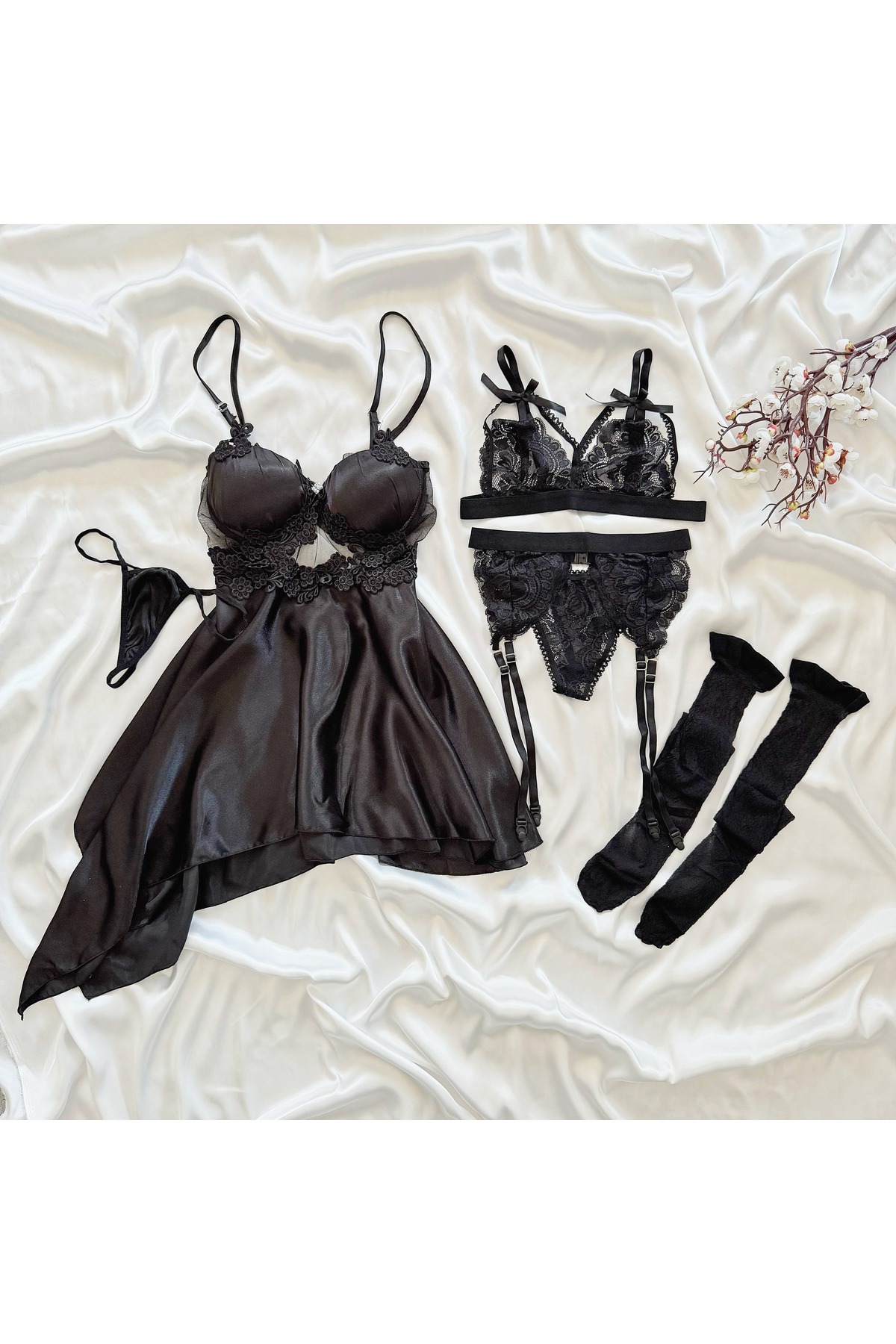 cdh çeyize dair herşey Passion blcak saten 4 lü gecelik seti 6823