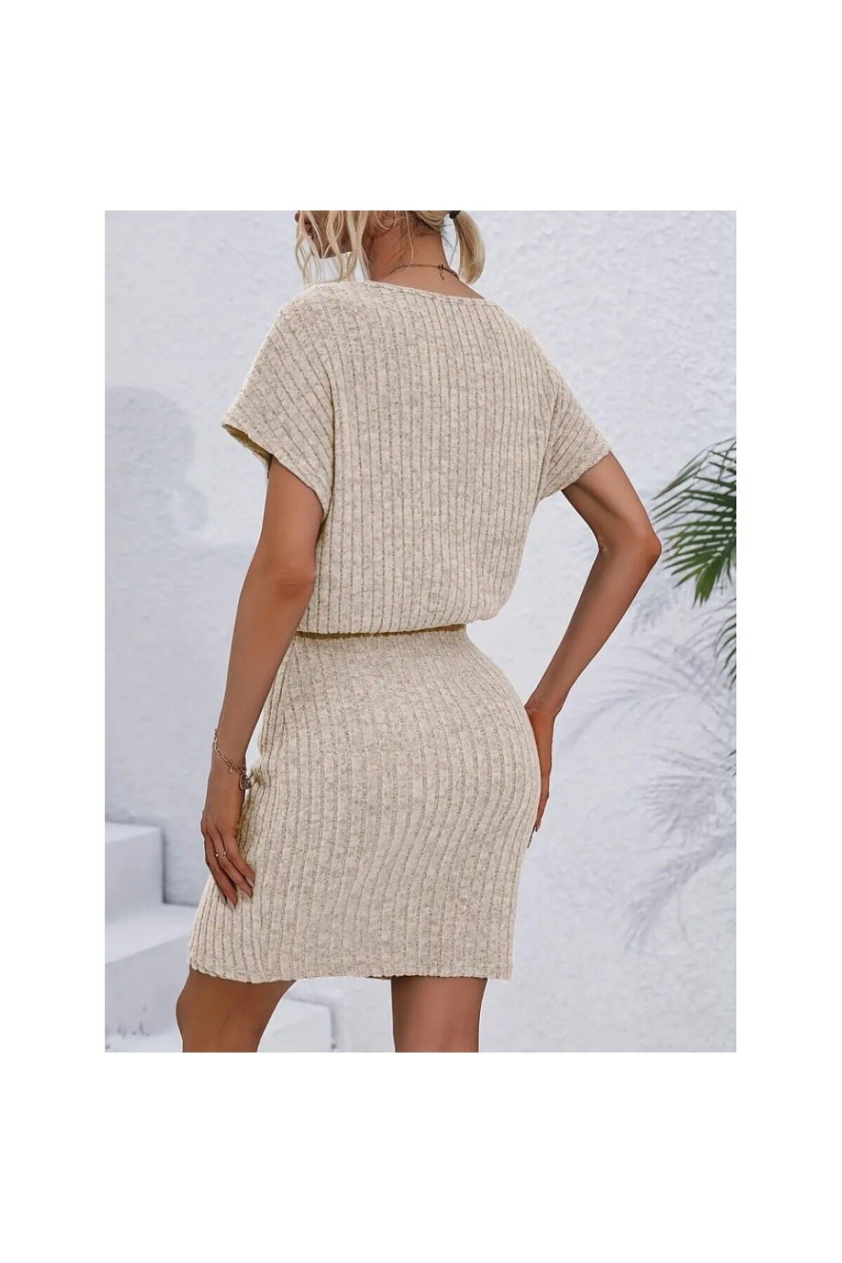 JANES-Women's Short Sleeve Open Collar Elastic Waist Side Tie Thick Corded Camisole Dress 2