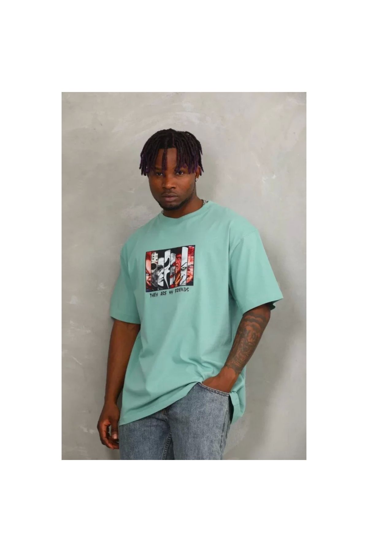 Marsilyan Unisex Oversize Baskılı Bisiklet Yaka TShirt