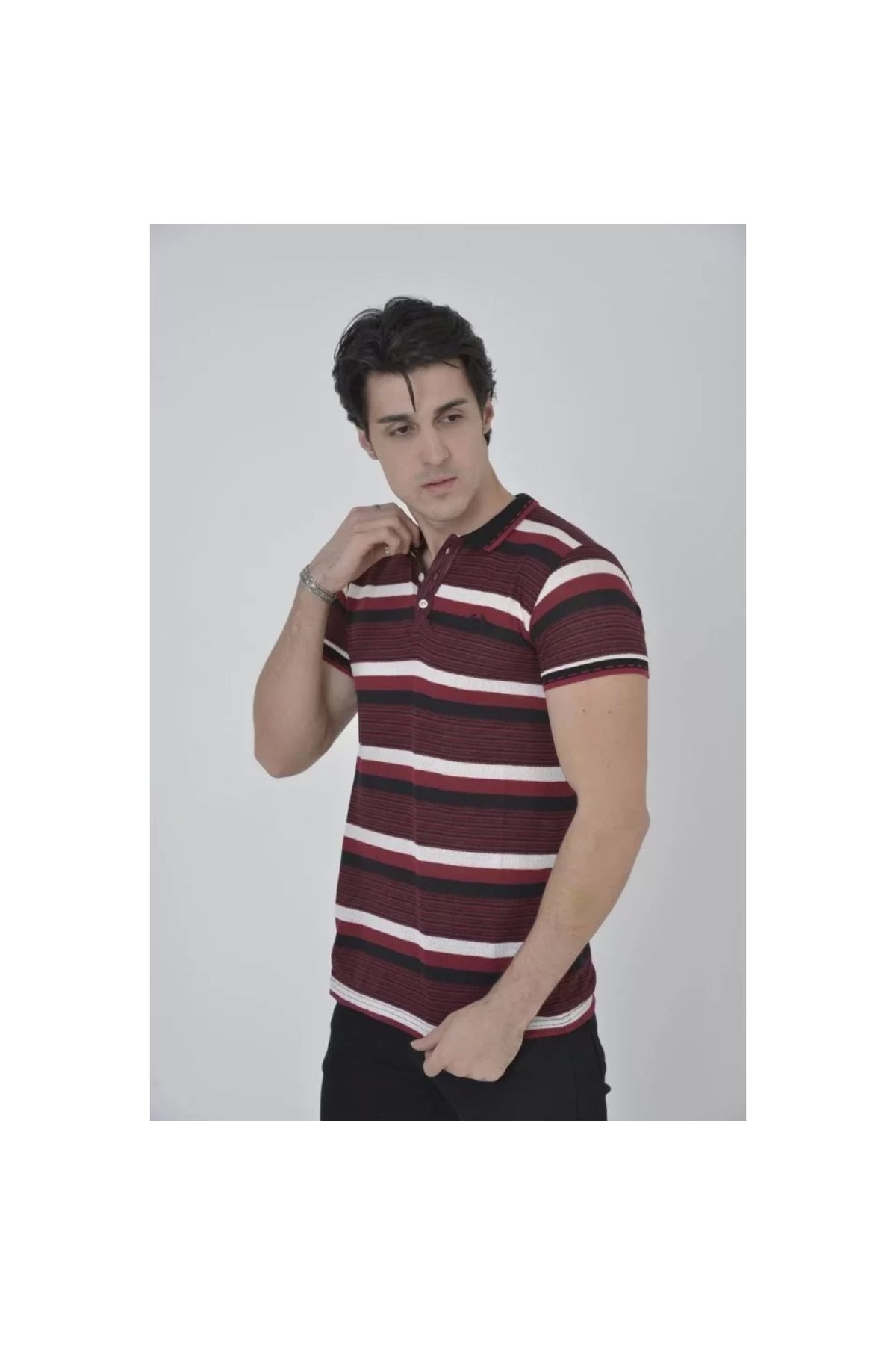 Narnuga Erkek Yakalı Slim Fit Dokuma Çizgili TShirt