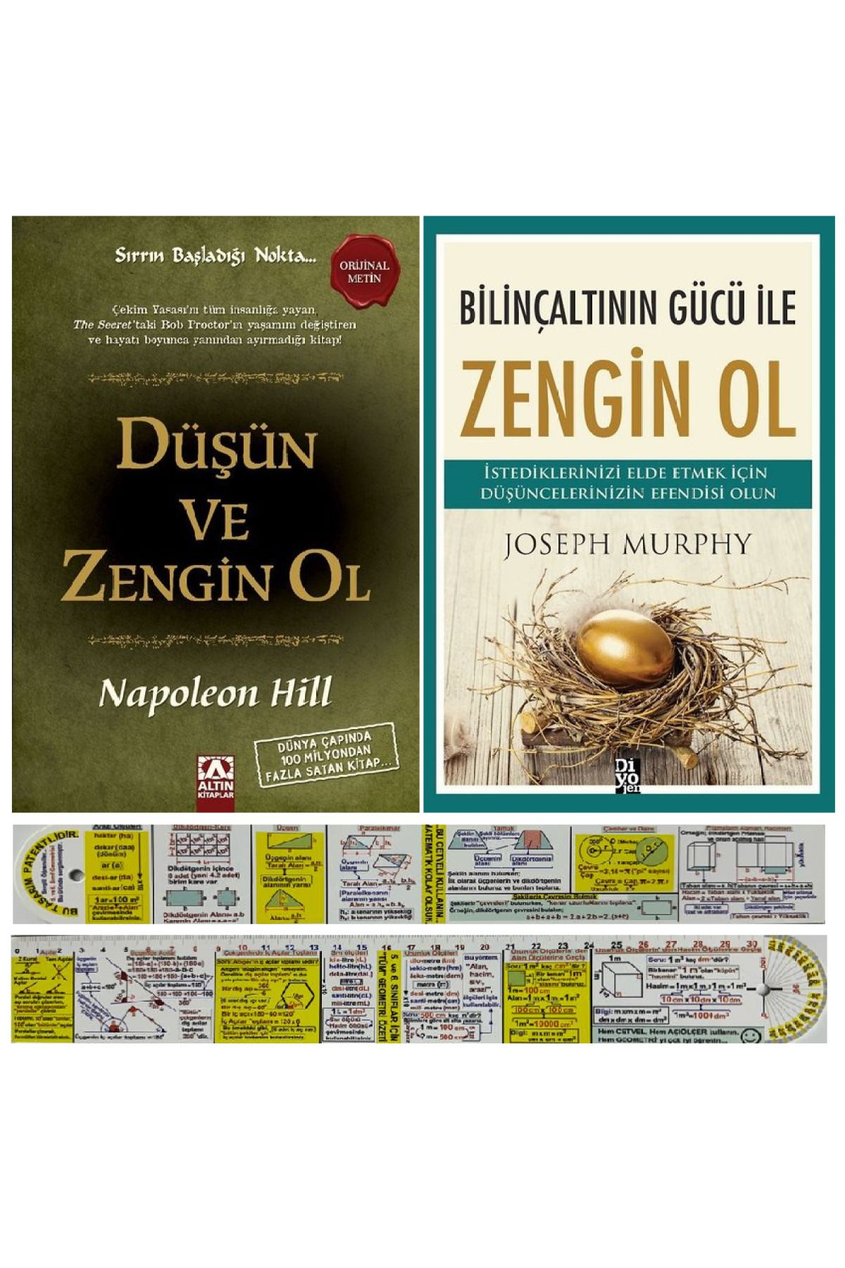 Diyojen Yayıncılık Düşün ve Zengin Ol + Bilinçaltının Gücü ile Zengin Ol 2 Kitap + Mat. Öğreten Cetvel