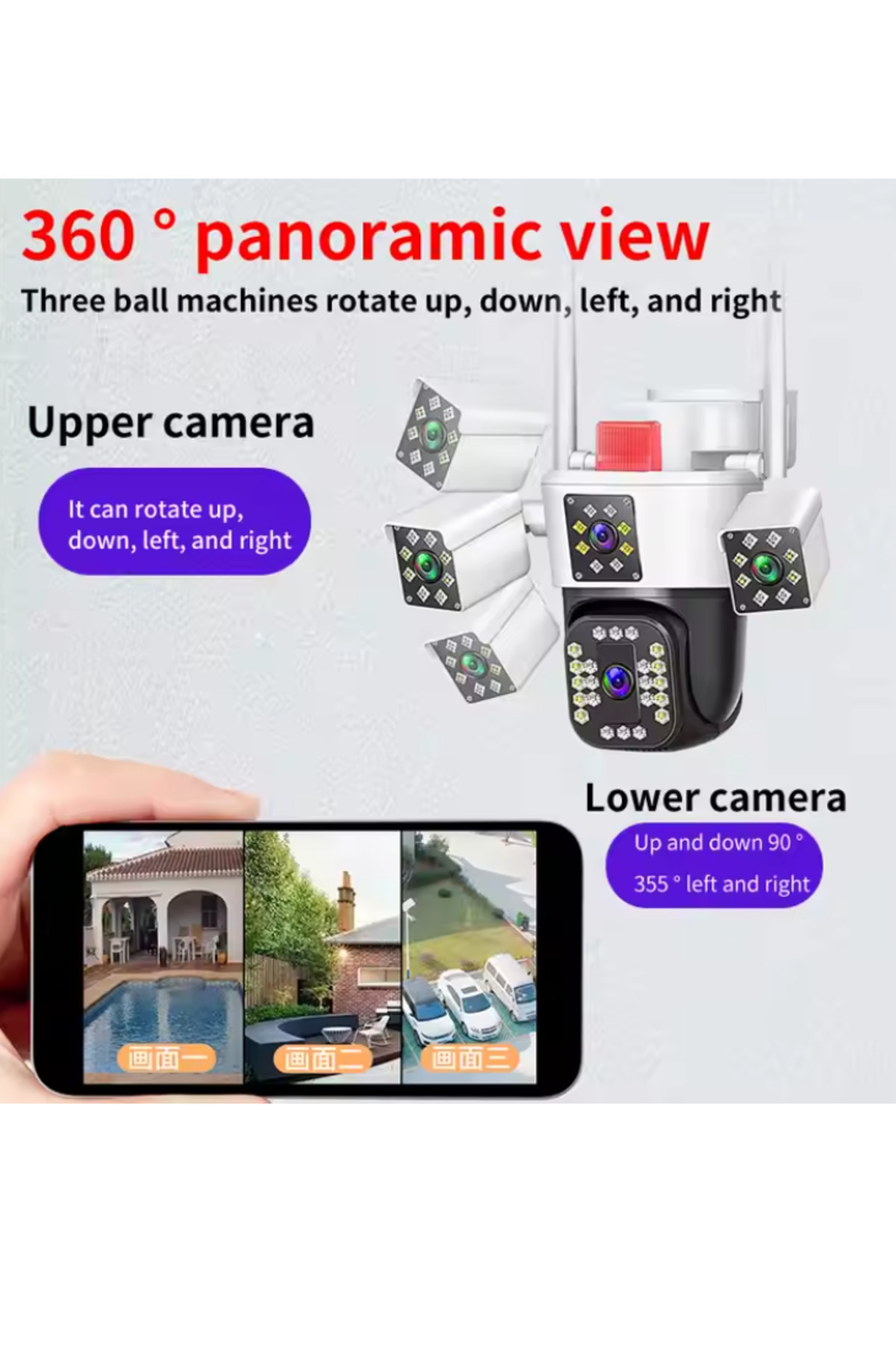 qasul Wistino HD 3 Lensli Kablosuz Kameralar Wifi 360 Derece Her Yönlü Ev Koruma Wifi Güvenlik Kamerası fotoğrafı 4 (önizleme)