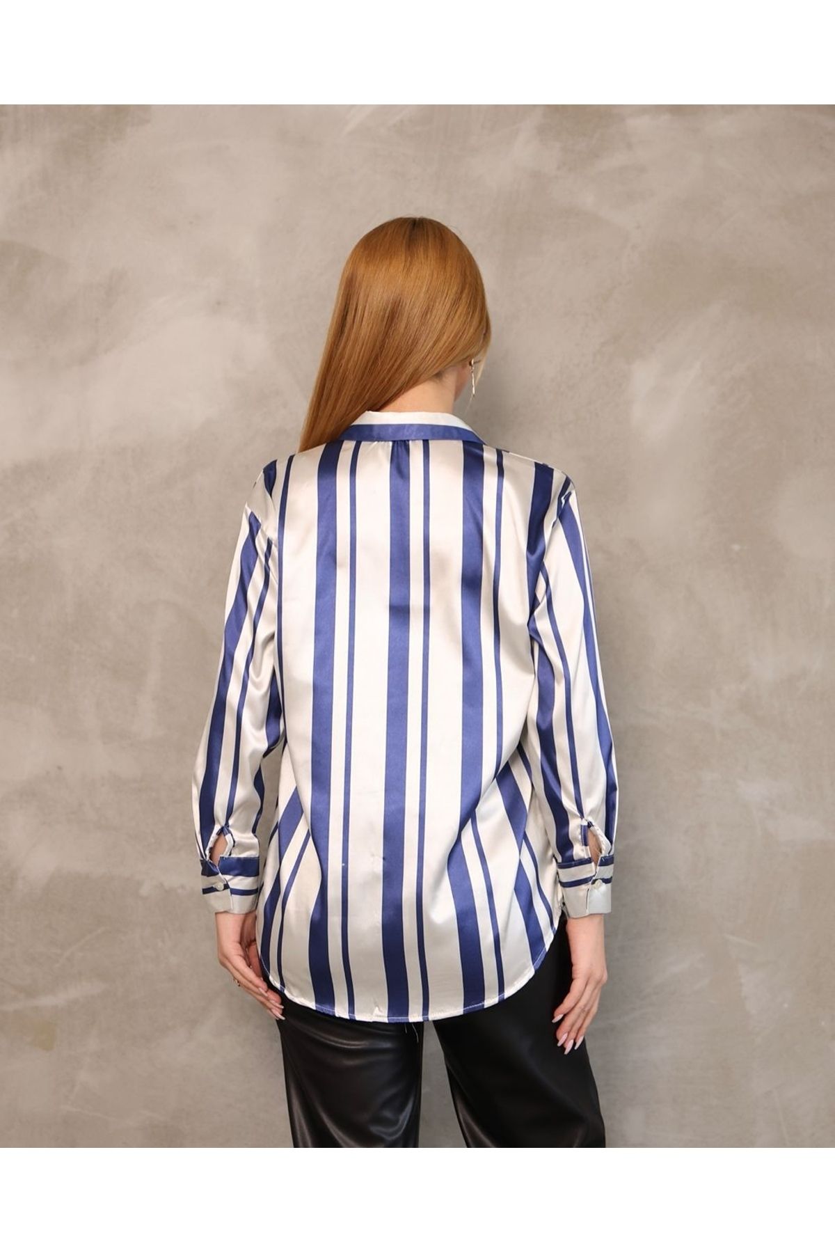 HARMONY GLOBAL-Women's Navy Blue Striped Satin Shirt 5