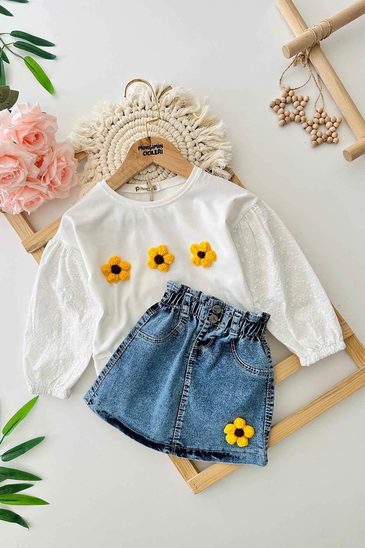 Minigimin Cicileri-Yellow 2Pcs Braided Daisy Pattern Children's Farmhouse Skirt Suit 1