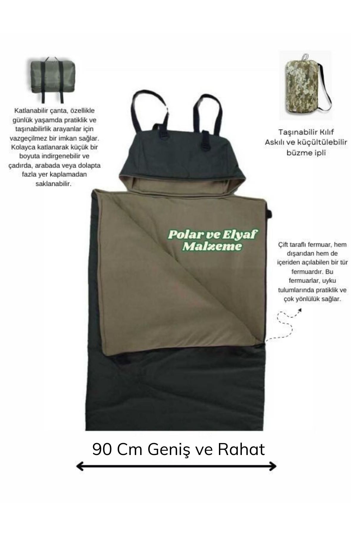 Med Online-Wide 90 cm Khaki Sleeping Bag -25 ° , Micro Water Repellent 220X95 Cm, 200 Gr Fiber/180 Gr Fleece 1