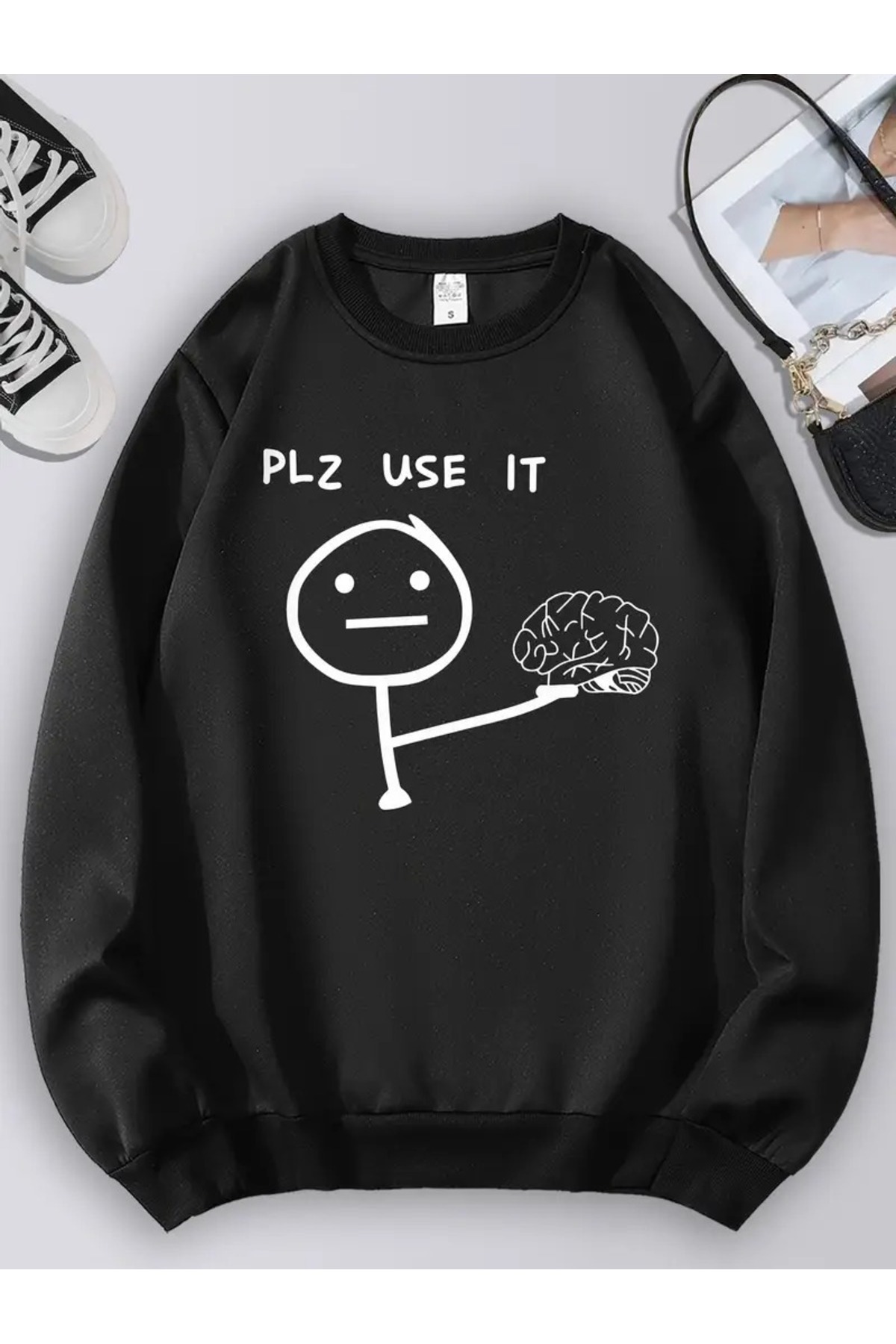 JENOLAN Men's Funny'Use This' Printed Black White Gray Crew Neck Sweatshirt
