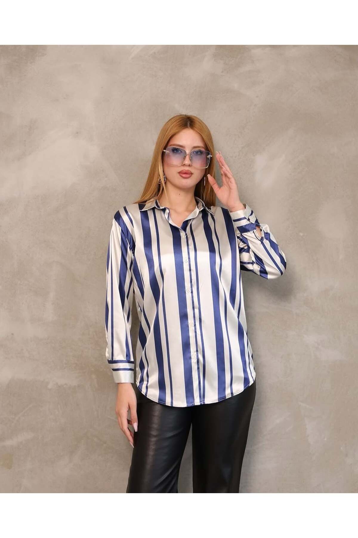 HARMONY GLOBAL-Women's Navy Blue Striped Satin Shirt 1