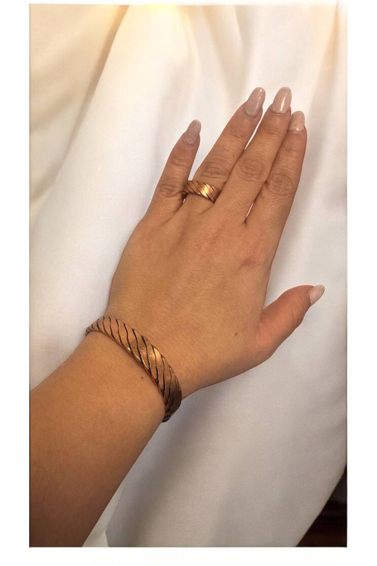 Sanjap Bakır Bilezik Ve Bakır Yüzük Yarım Set - Bakır Renkli Doku Tasarımı