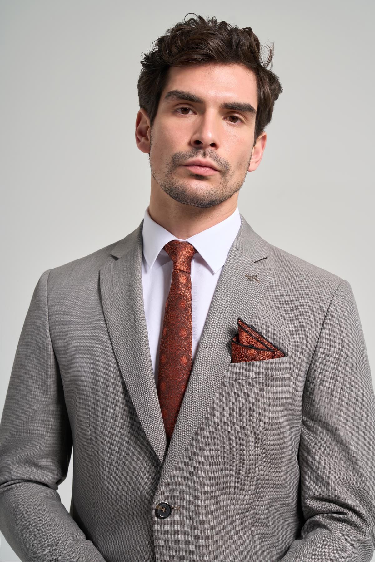 کت وشلوار مردانه پارچه ای خودپرد شده یقه یکنواخت کامل پوشش انعطاف پذیر 6 DROP SLIM FIT 1001250168 İmza