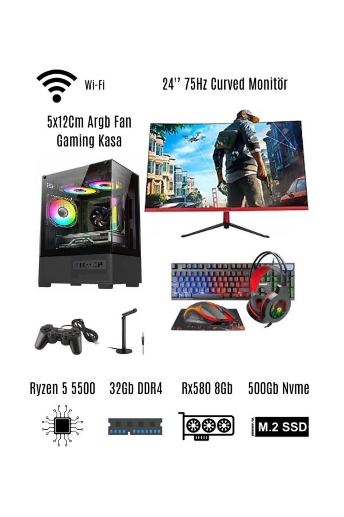 RUN FULL SET Ryzen 5 5500 32Gb Ram 500Gb M2 Rx 580 8Gb 23.6'' Curved Oyuncu Masaüstü Bilgisayarı