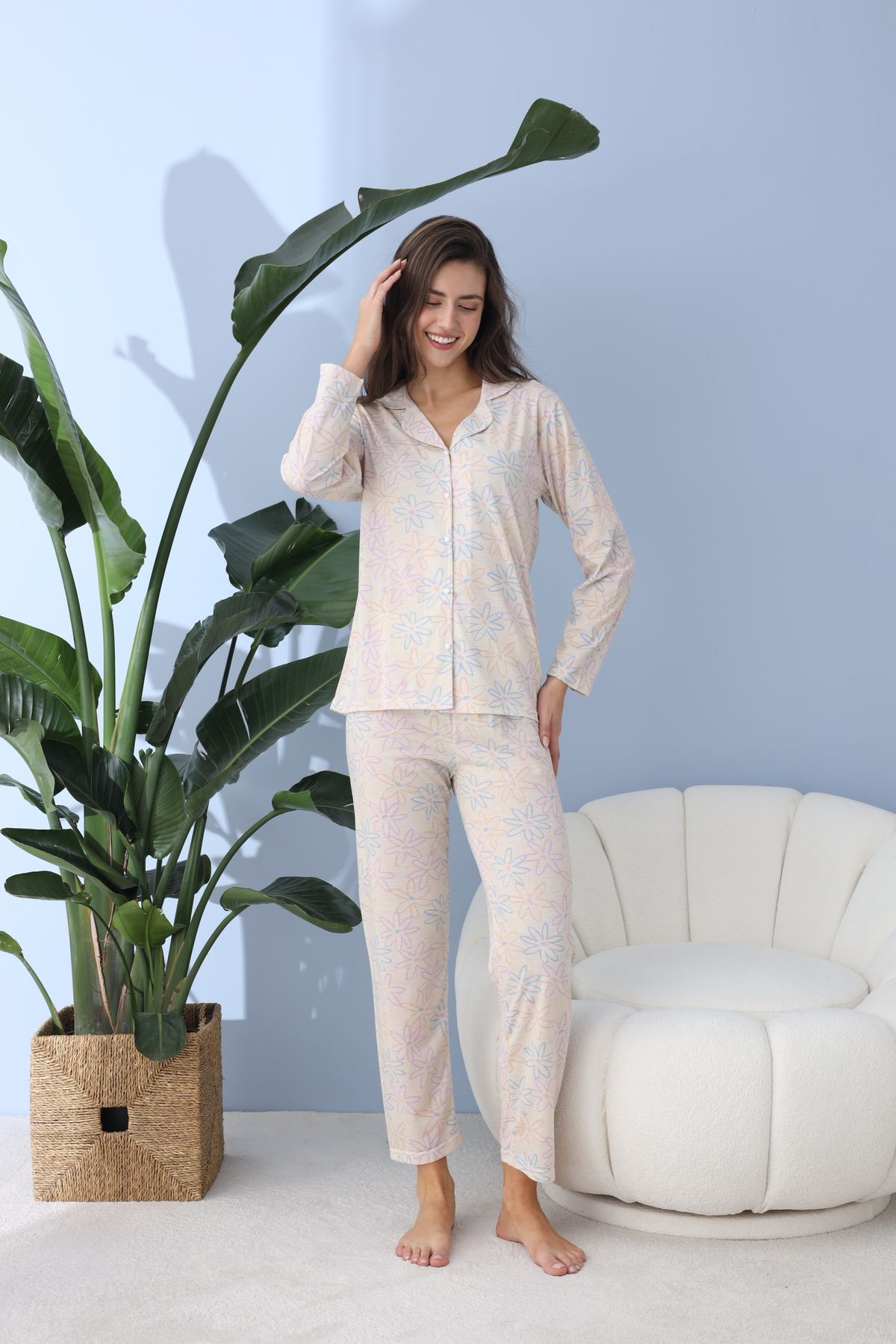 BEYAZTOPTAN-Quality Long Sleeve Combed Single Jersey Jacket Pajama Set 4