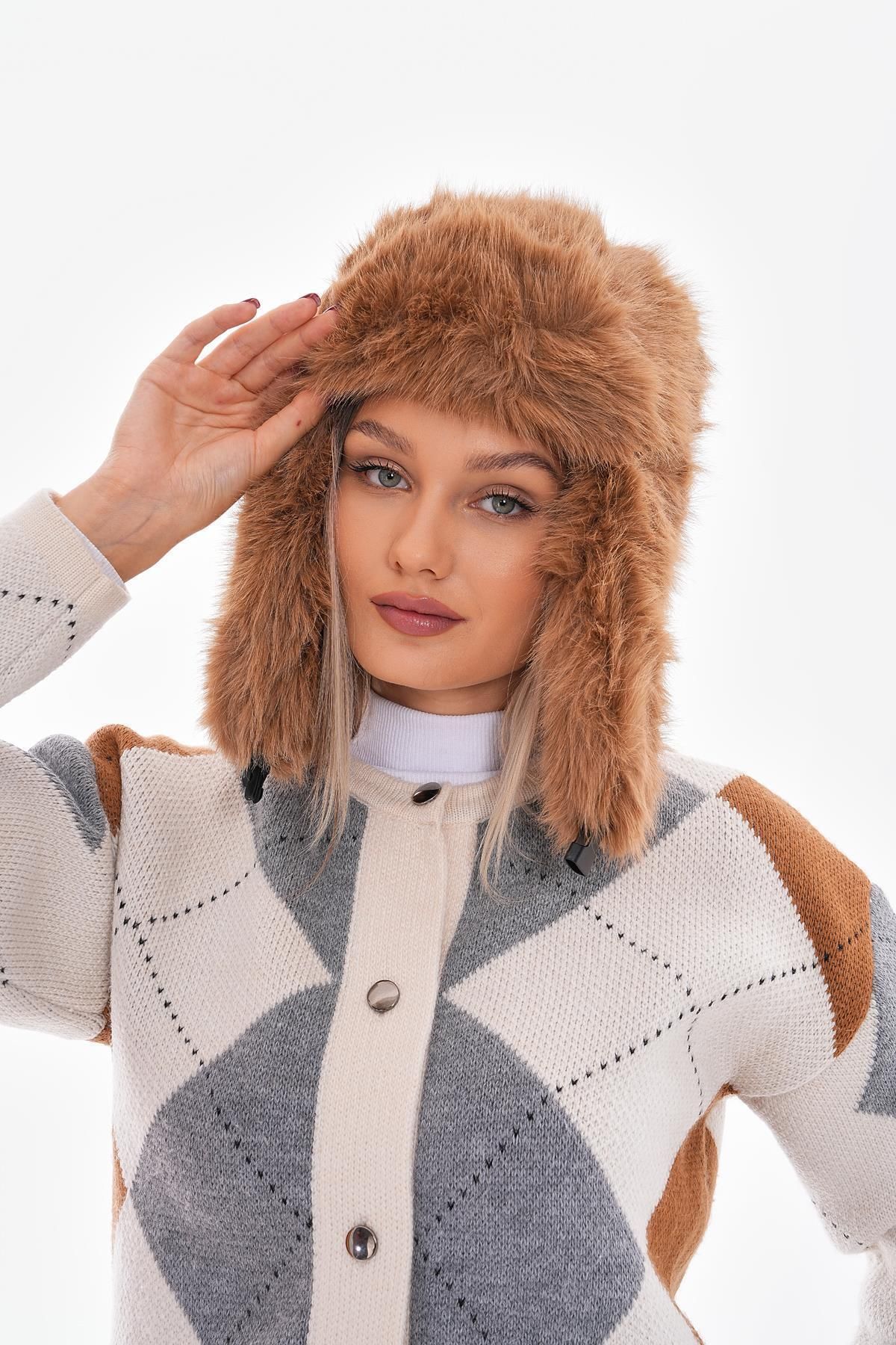 Luminos Butik-Mango Feather Plush Camel Clip Pilot Hat Beanie 4652 3