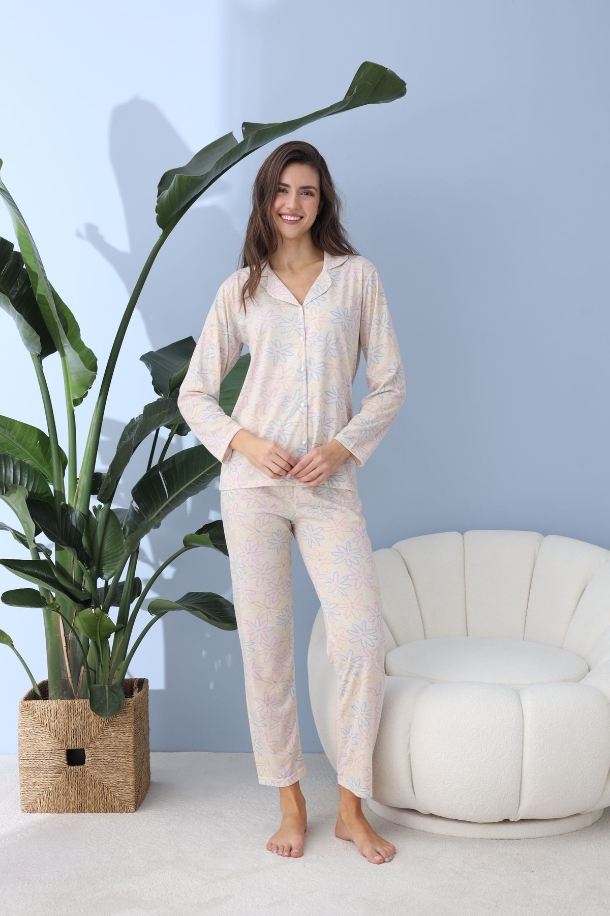 BEYAZTOPTAN-Quality Long Sleeve Combed Single Jersey Jacket Pajama Set 5