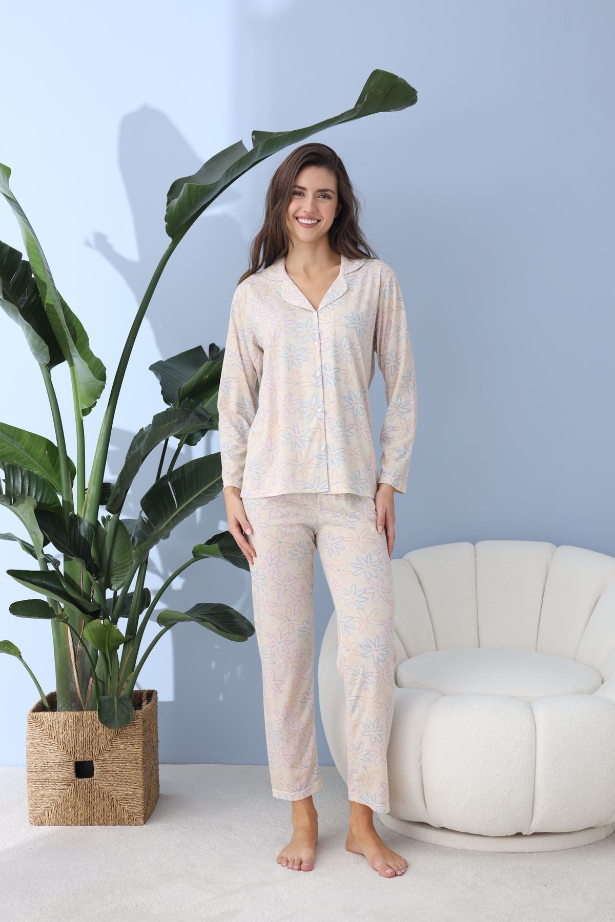 BEYAZTOPTAN-Quality Long Sleeve Combed Single Jersey Jacket Pajama Set 3