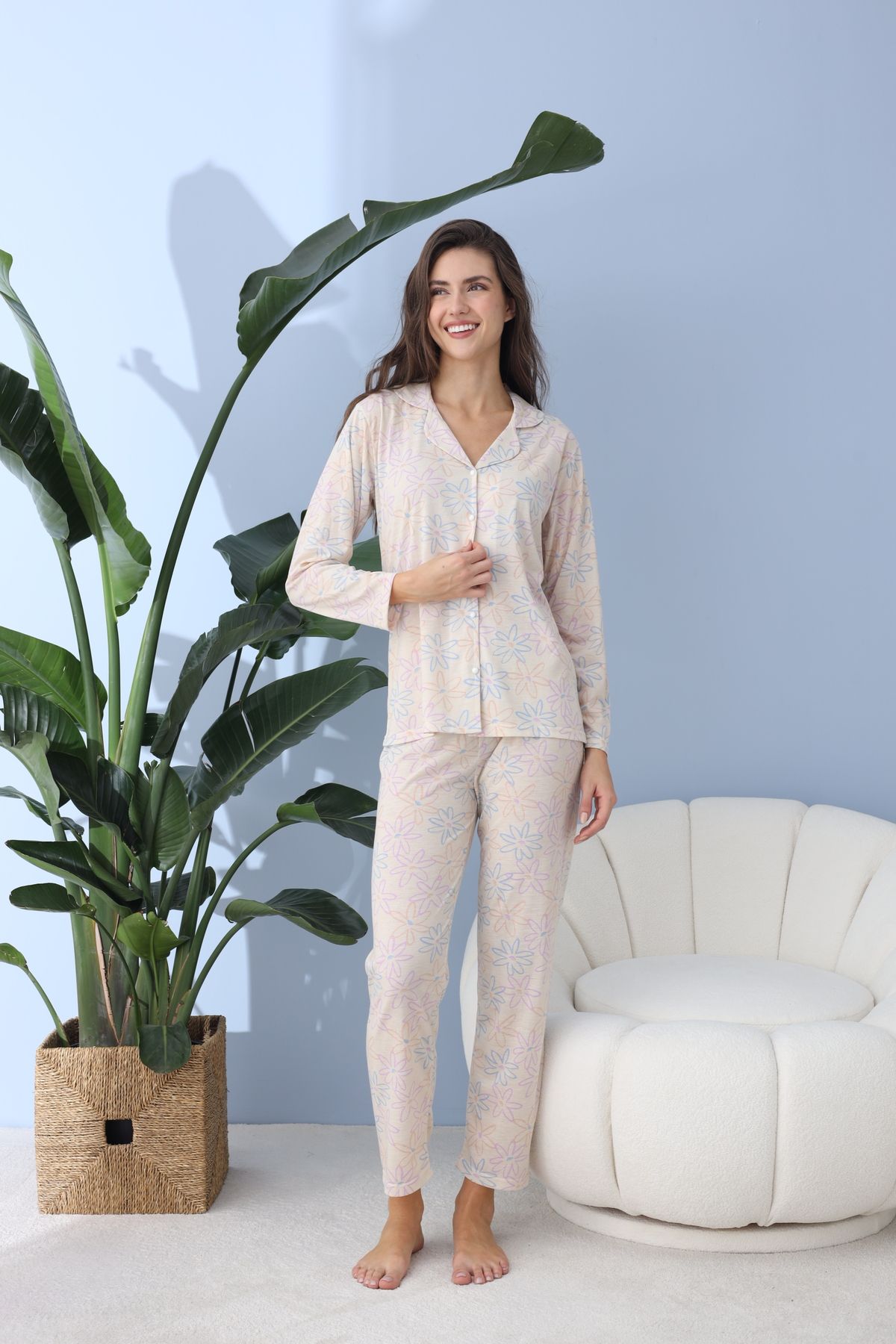 BEYAZTOPTAN-Quality Long Sleeve Combed Single Jersey Jacket Pajama Set 2