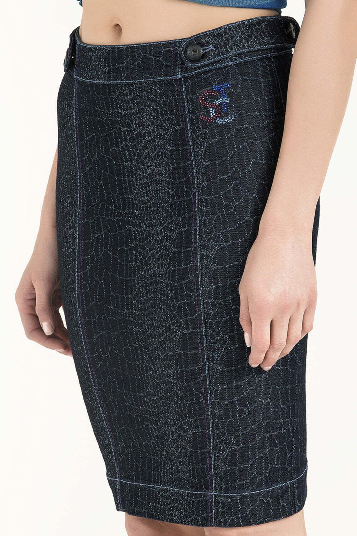 SOCIETA-Navy Blue Buttoned and Stone Denim Skirt 80521 3