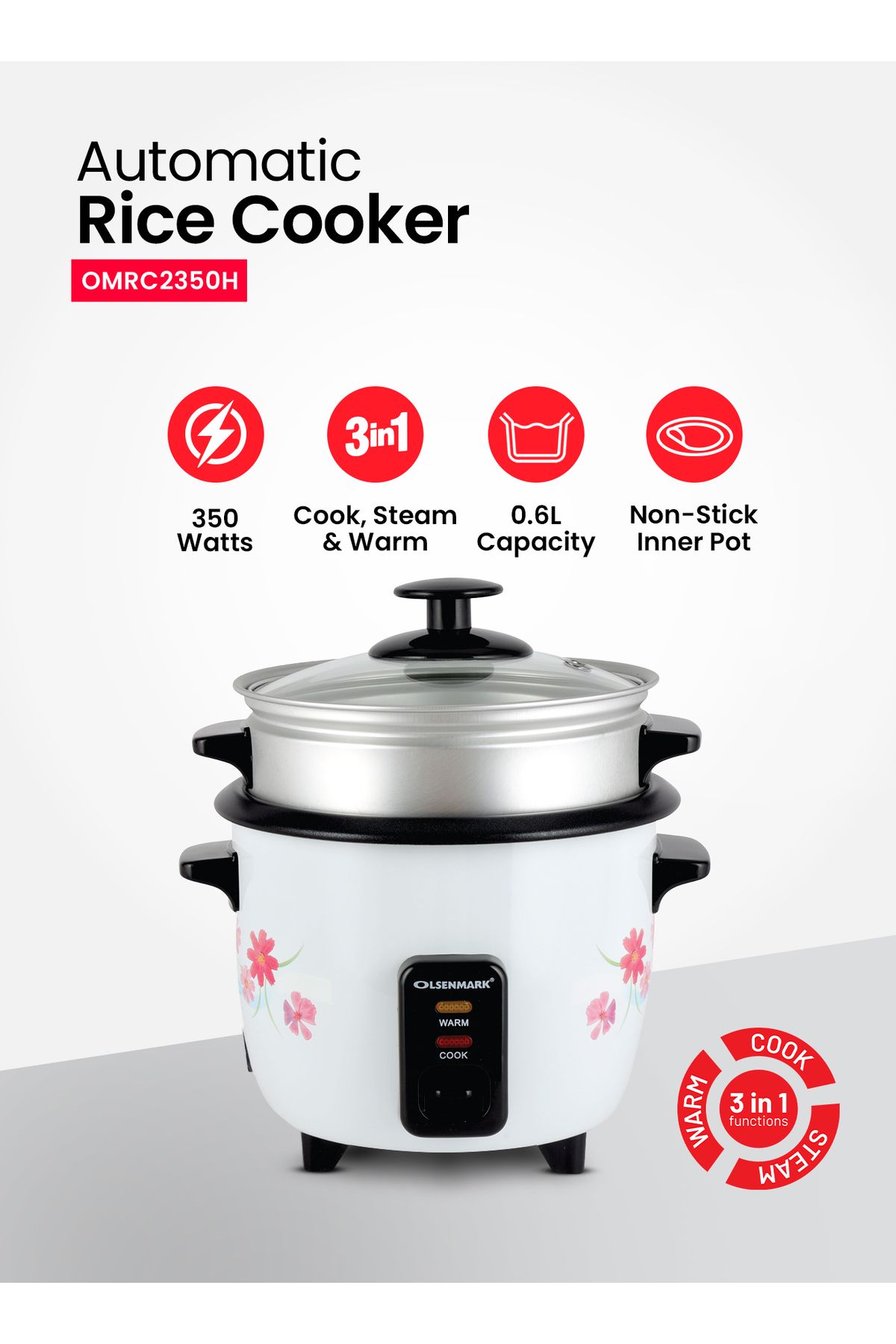 Olsenmark-3 In 1 Electric Rice Cooker 0.6l Keep Warm Function Multifunction Steamer 7