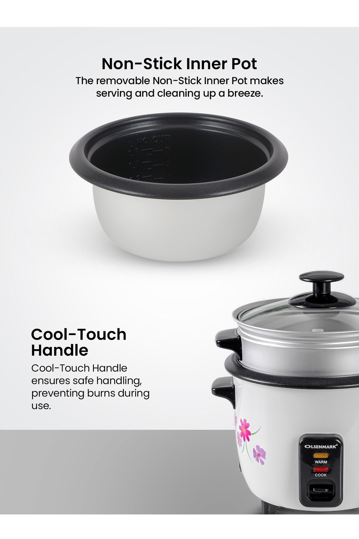 Olsenmark-3 In 1 Electric Rice Cooker 0.6l Keep Warm Function Multifunction Steamer 6