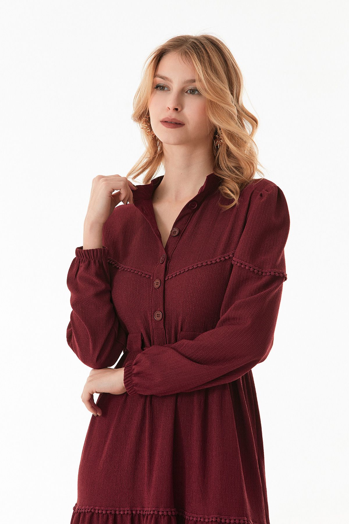 Fulla Moda-Rochie cu guler ridicat cu cravată în talie 6