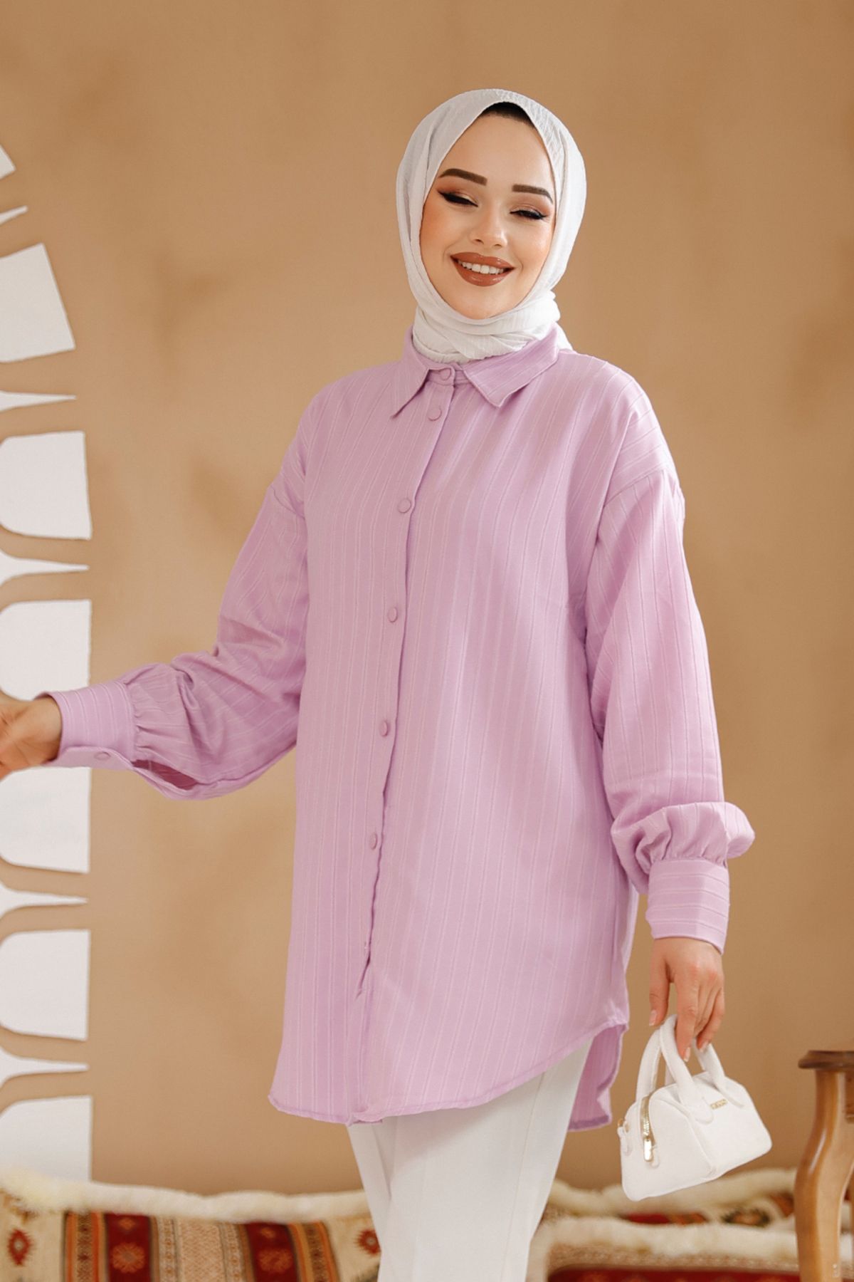 Neva Style-Striped Lilac Hijab Shirt 30702Lila 3