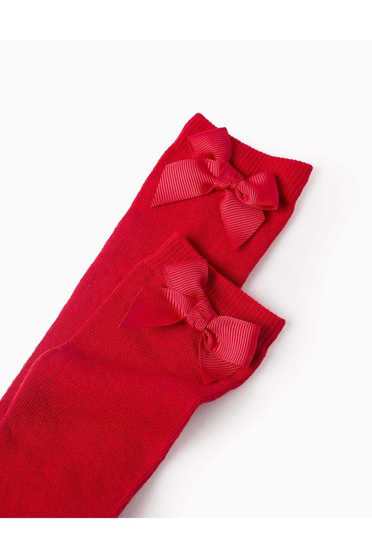 Ziddy-High Socks with Bow for Girls, Red 2