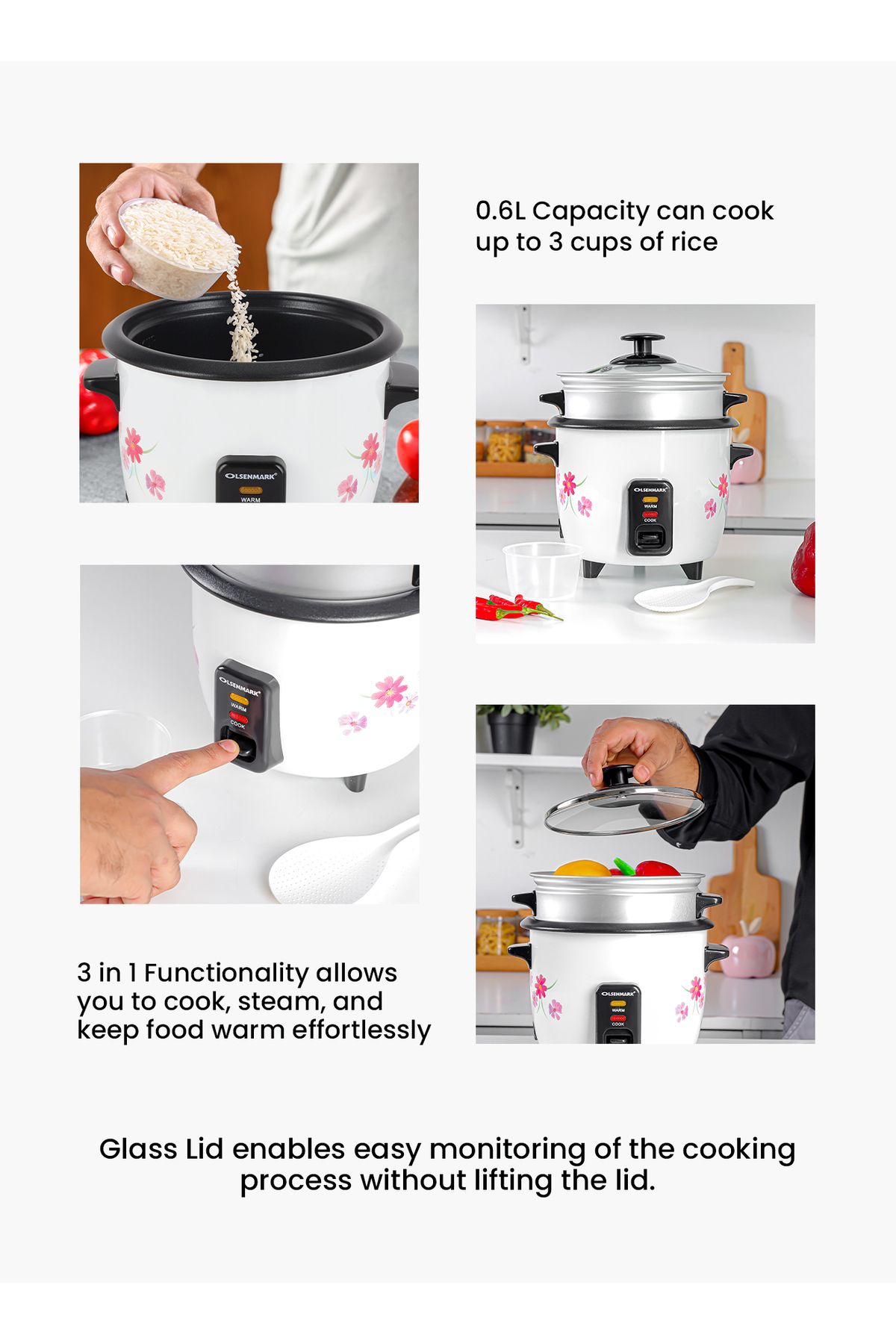 Olsenmark-3 In 1 Electric Rice Cooker 0.6l Keep Warm Function Multifunction Steamer 8