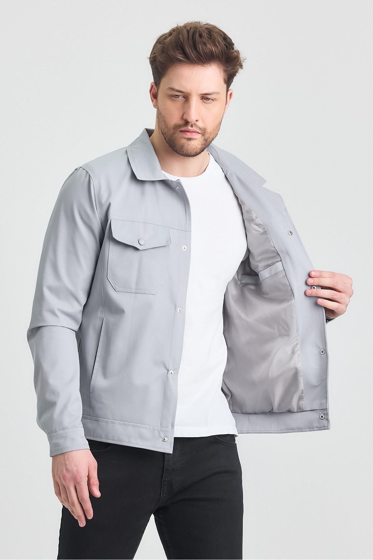 SİVAİST-Gray Men's Cotton Polyester Blended Waterproof and Windproof Seasonal & Summer Coat 3