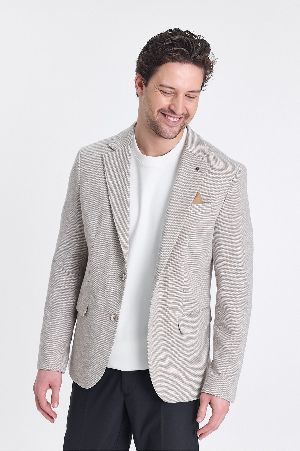 Frappoli-Ubaldo Men's Beige Linen Look Knitted Stretching Lycra Cotton Blended Blazer Jacket 5