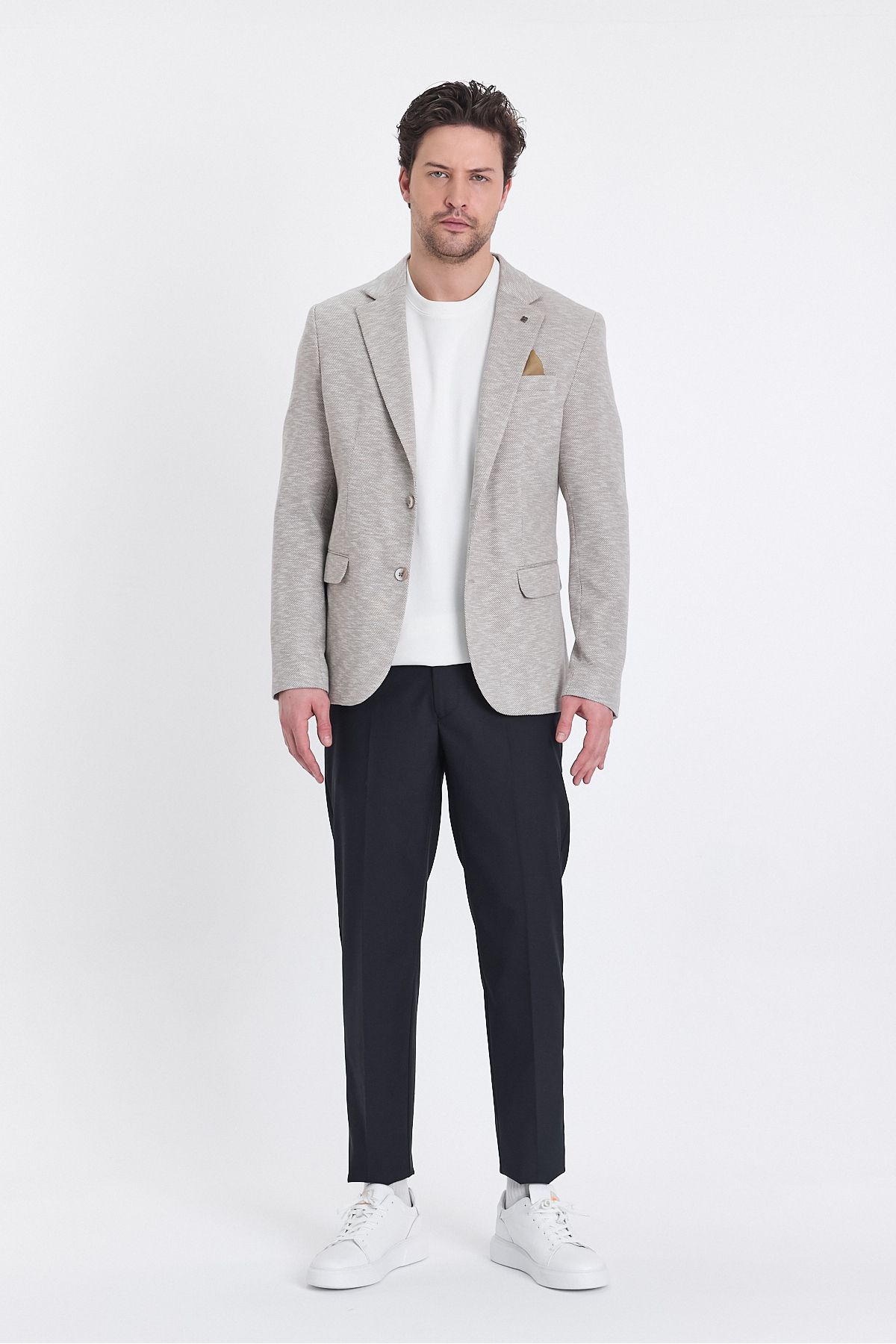 Frappoli-Ubaldo Men's Beige Linen Look Knitted Stretching Lycra Cotton Blended Blazer Jacket 7