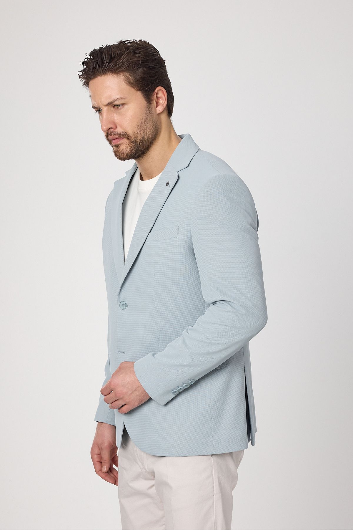 Frappoli-Waffle Men's Ice Blue Waffle Pattern Cotton Blended Lycra Stretchy Fabric Four Seasons Blazer Jacket 5