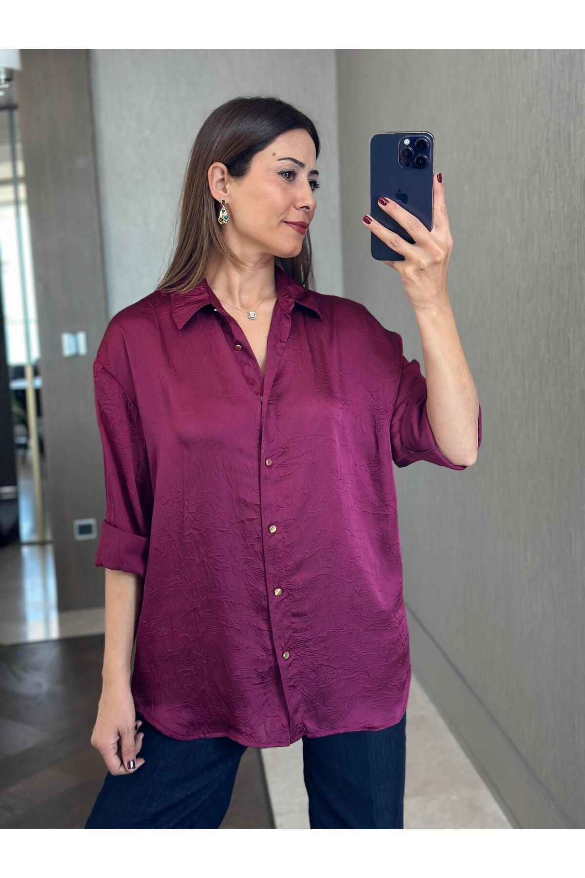 Forlady4-Plum Wrinkled Satin Long Sleeve Women's Shirt 1