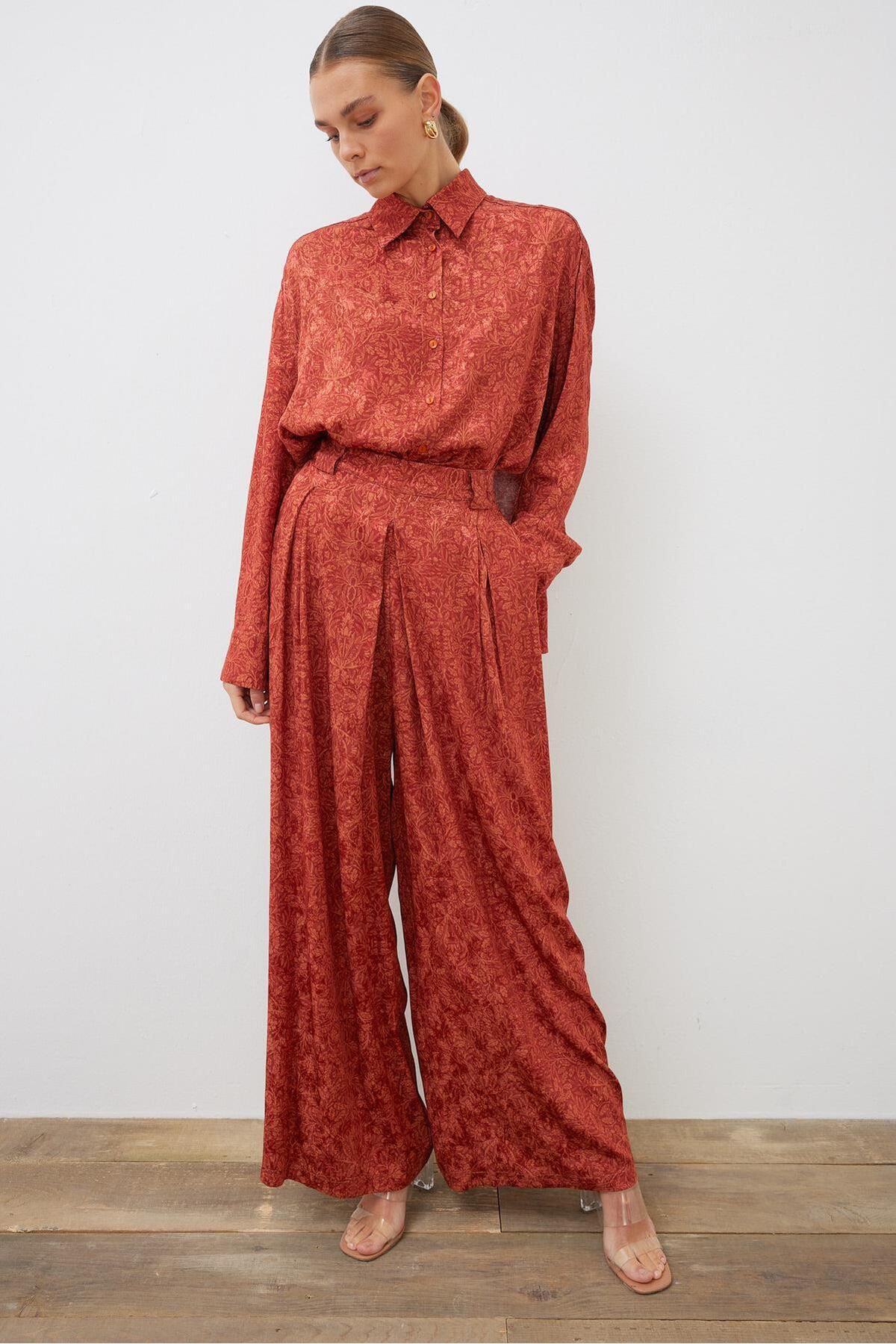 TERZİ DÜKKANI-Orange Helena Jacquard Pleated Pants Suit 3