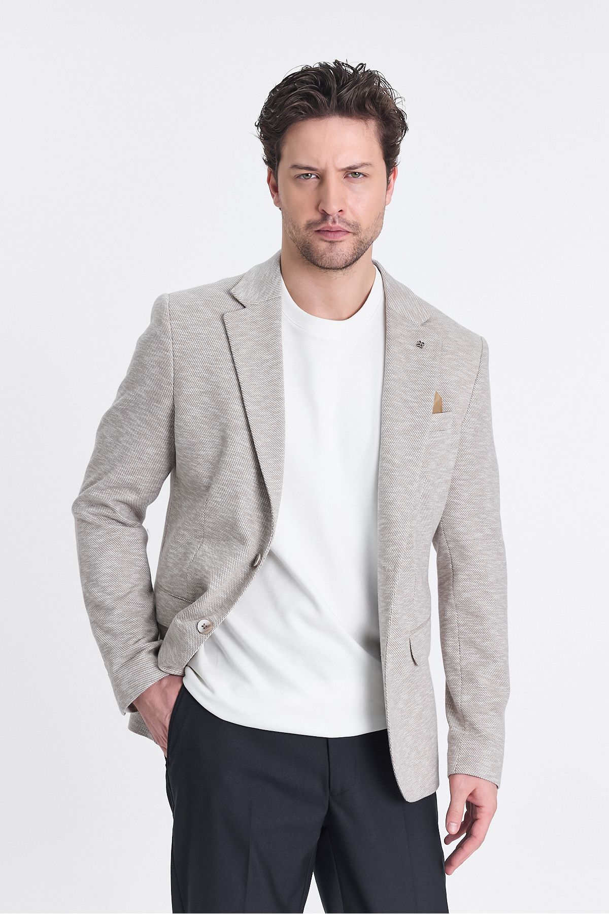 Frappoli-Ubaldo Men's Beige Linen Look Knitted Stretching Lycra Cotton Blended Blazer Jacket 1